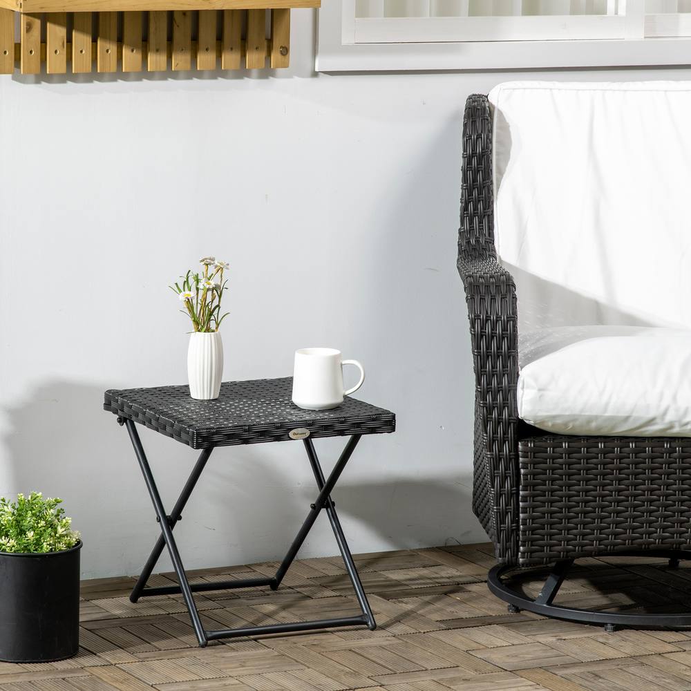 OUTSUNNY Folding Square Rattan Coffee Table w/ Steel Frame Bistro Garden in Black