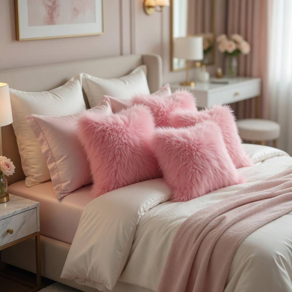 Luxury Living Soft Mongolian Faux Fur Cushions Set of 4 with Pads in Cerise