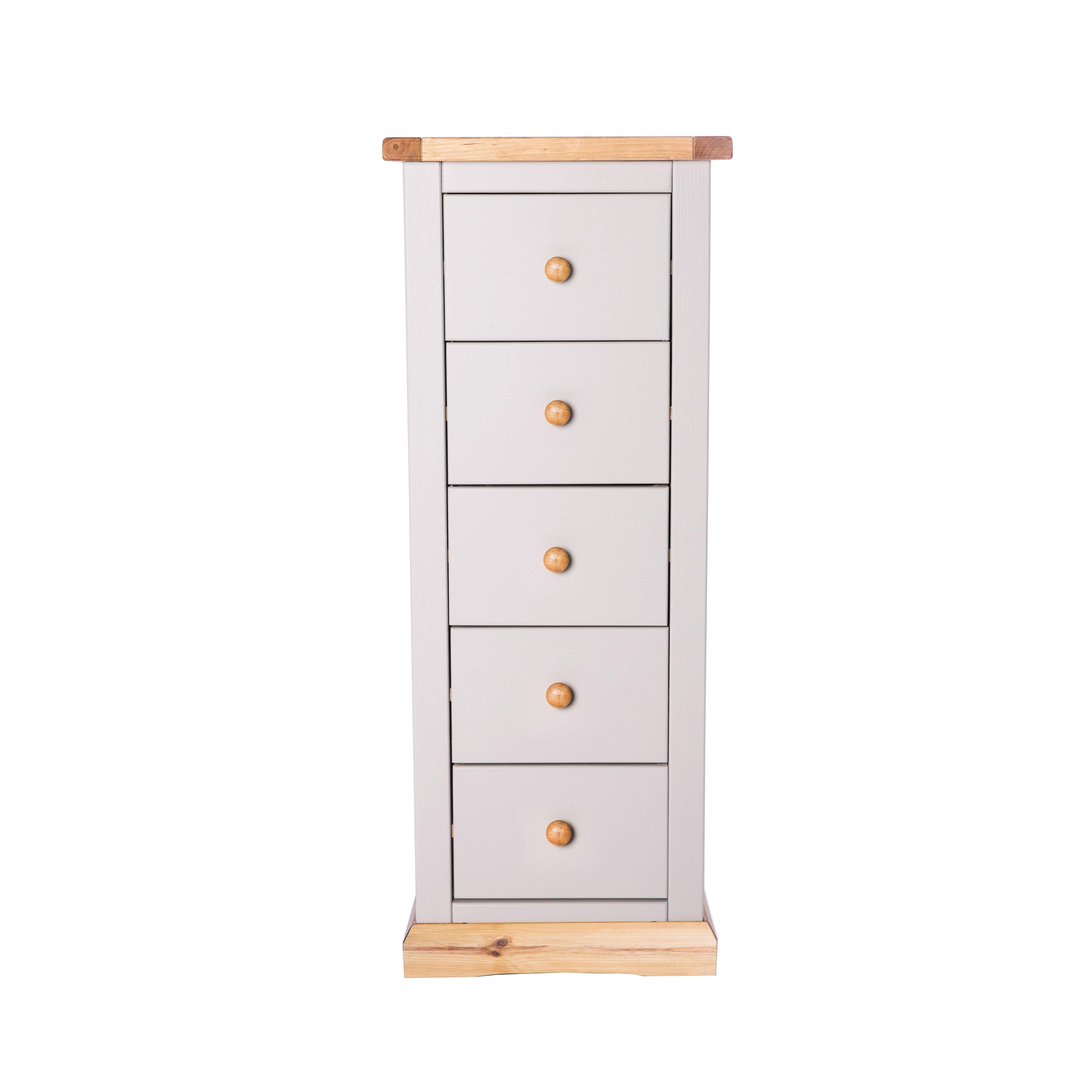 Cabinet Bits Bomporto 5 Drawer Narrow Chest of Drawers Wood Knob in Light Grey
