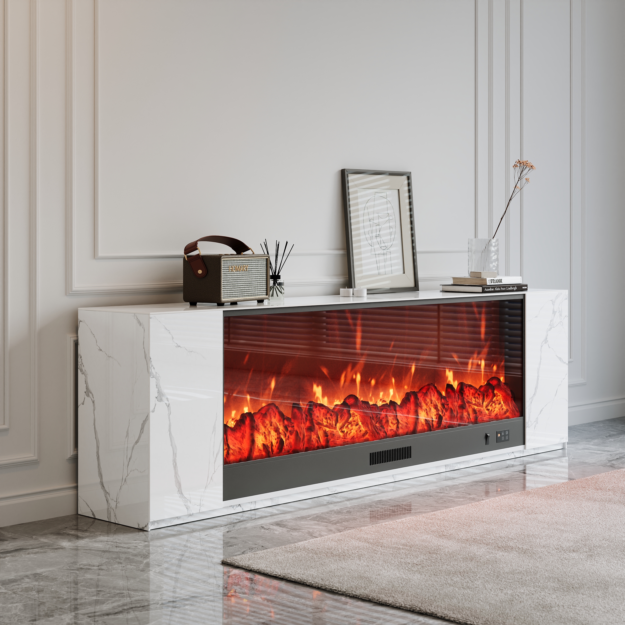 200 cm Modern White Marble Veneer Sintered Stone Electric Fireplace TV Stand with Remote Control Temperature Adjustable