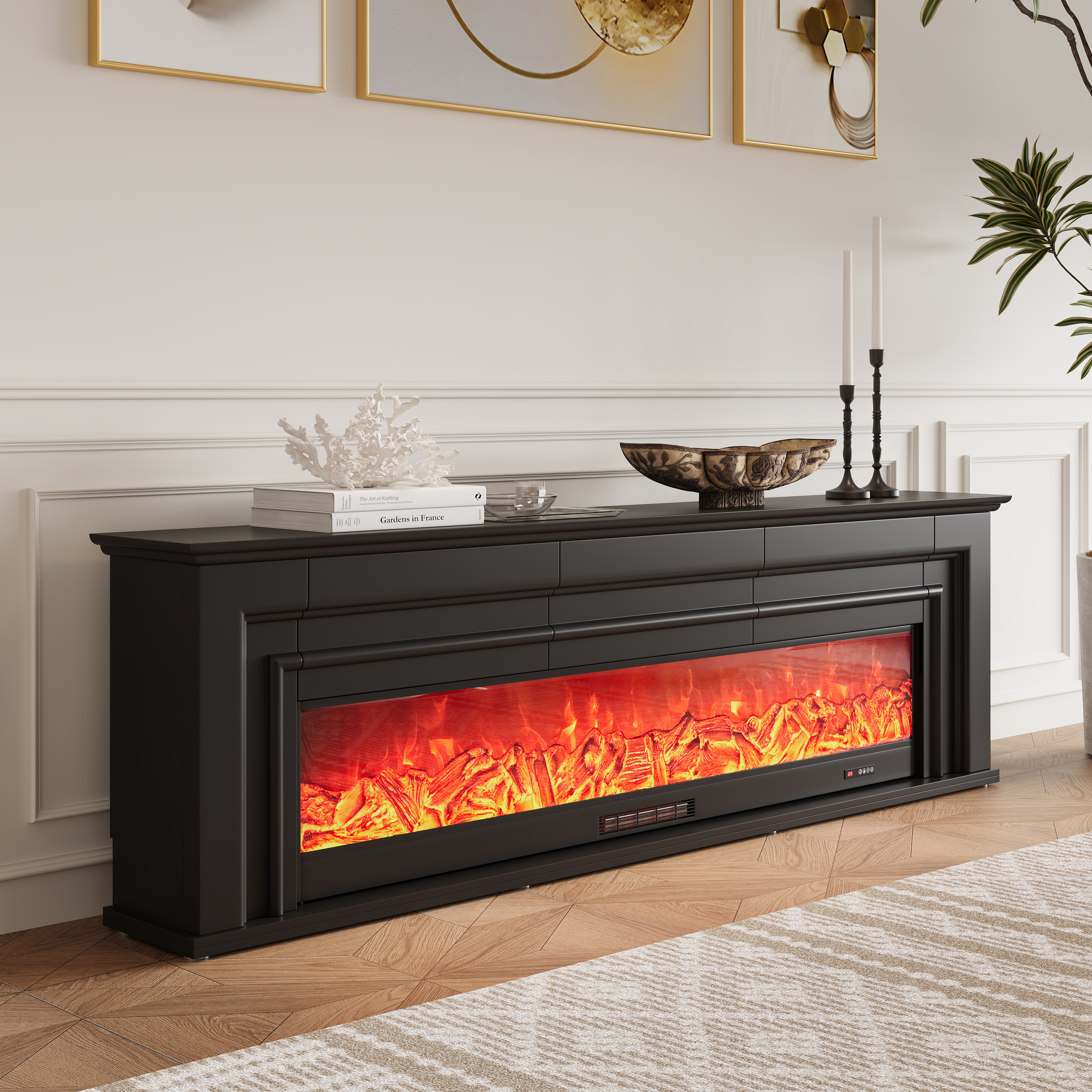 200 cm Electric Fireplace TV Stand Modern Black Media Console with Remote Control