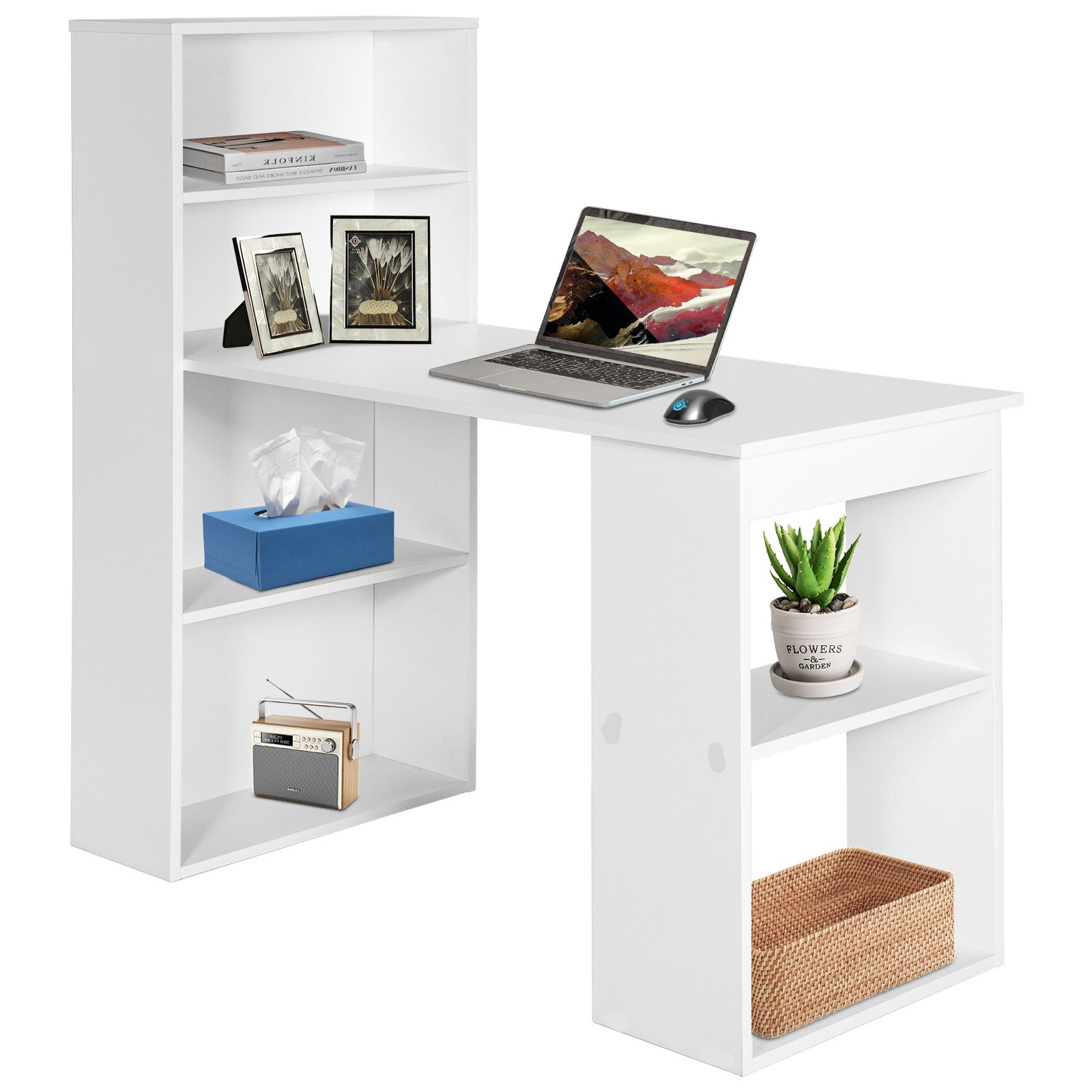 Costway Computer Writing Desk w/ Bookcase 6-tier Shelves Reversible Home Office Dorm in White