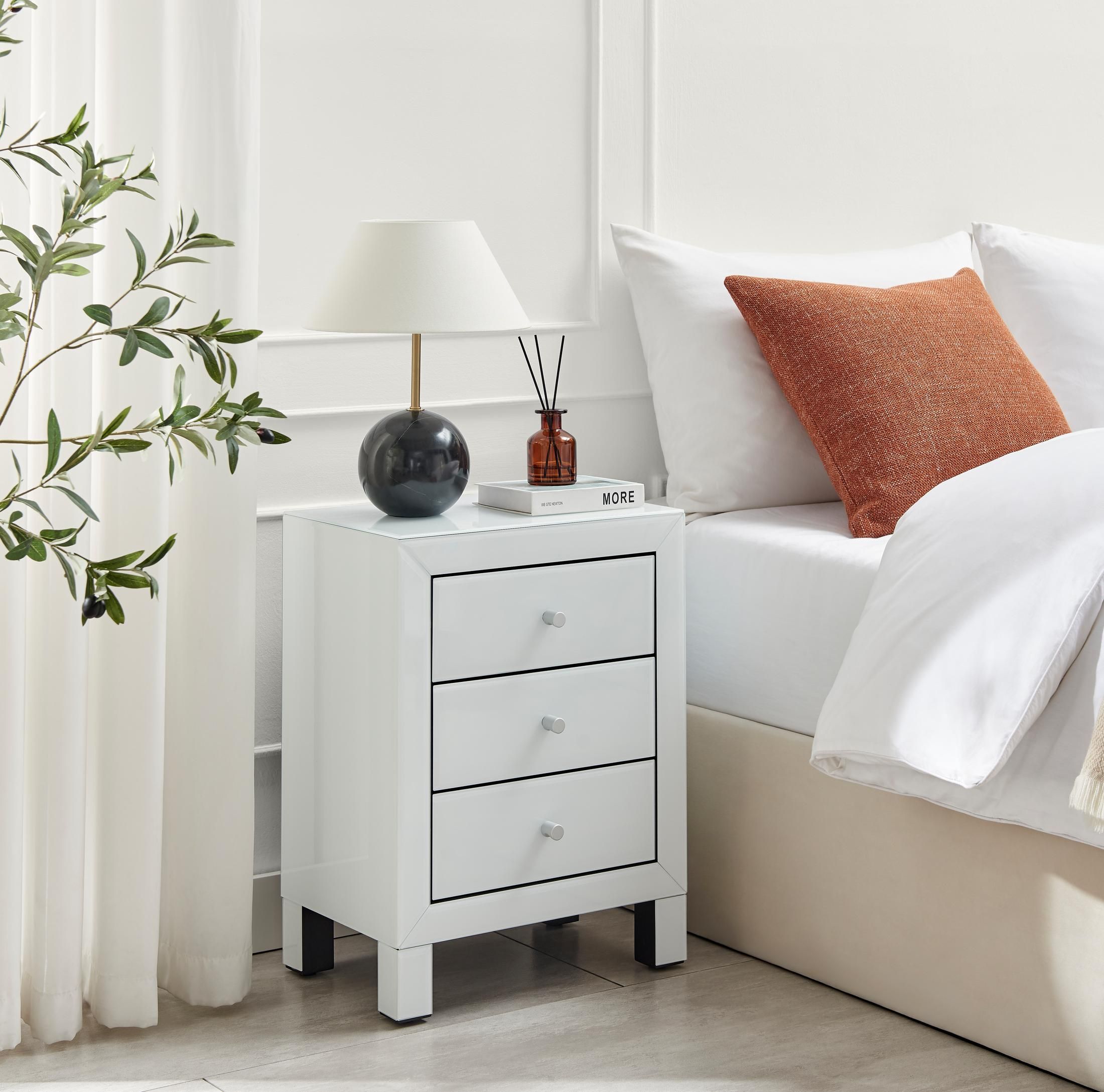 FurnitureboxUK Lexi Large Wooden Bedside Table with 3 Drawers & a Modern Mirrored Finish in White