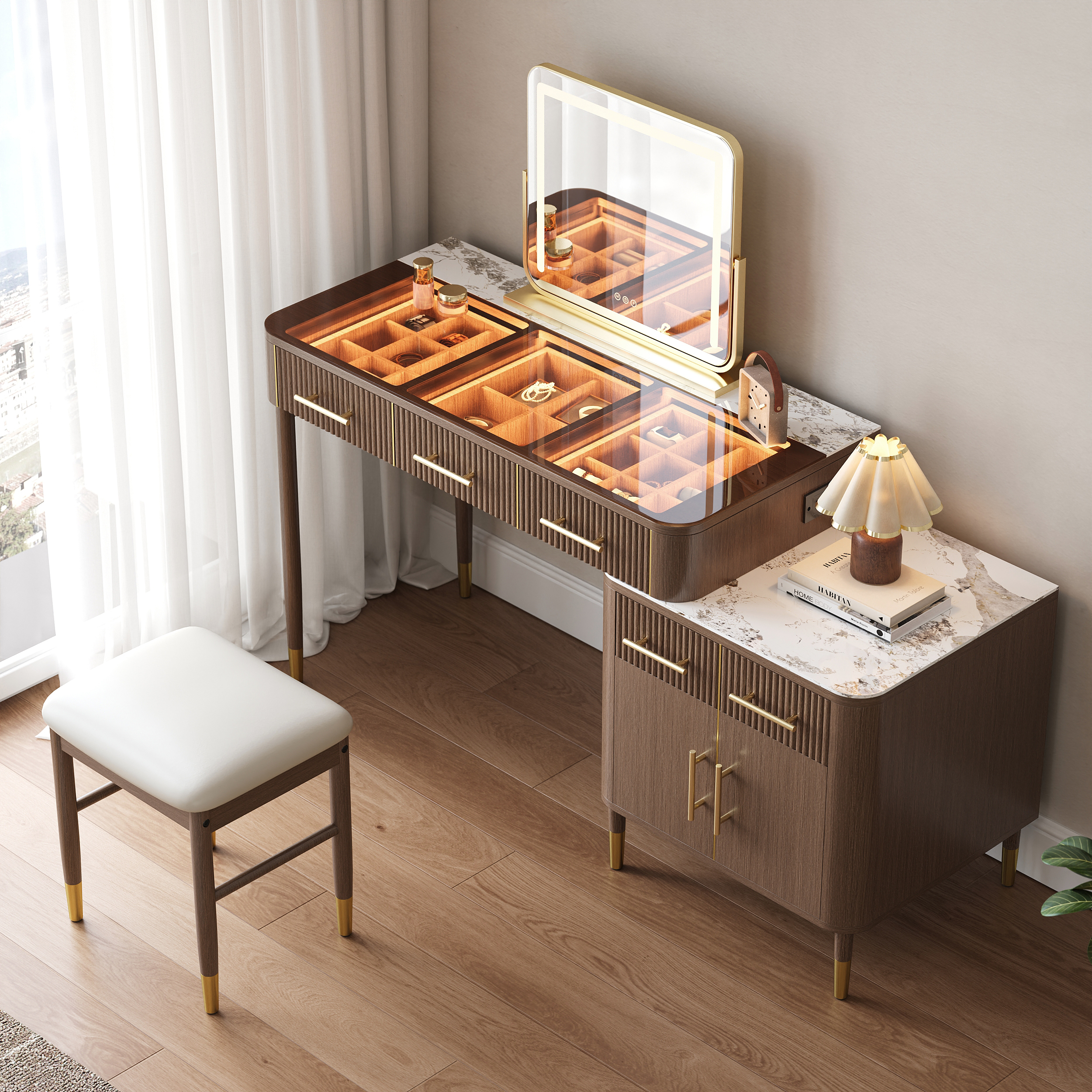 Glass Walnut Dressing Table with Chair with Lighted Mirror & Stool Mid Century Modern Dressing Table with Top