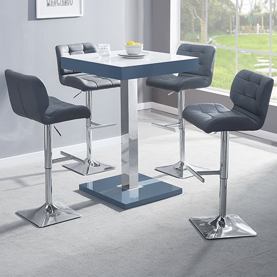 Topaz Grey White Glass Bar Table With 4 Candid Grey Stools