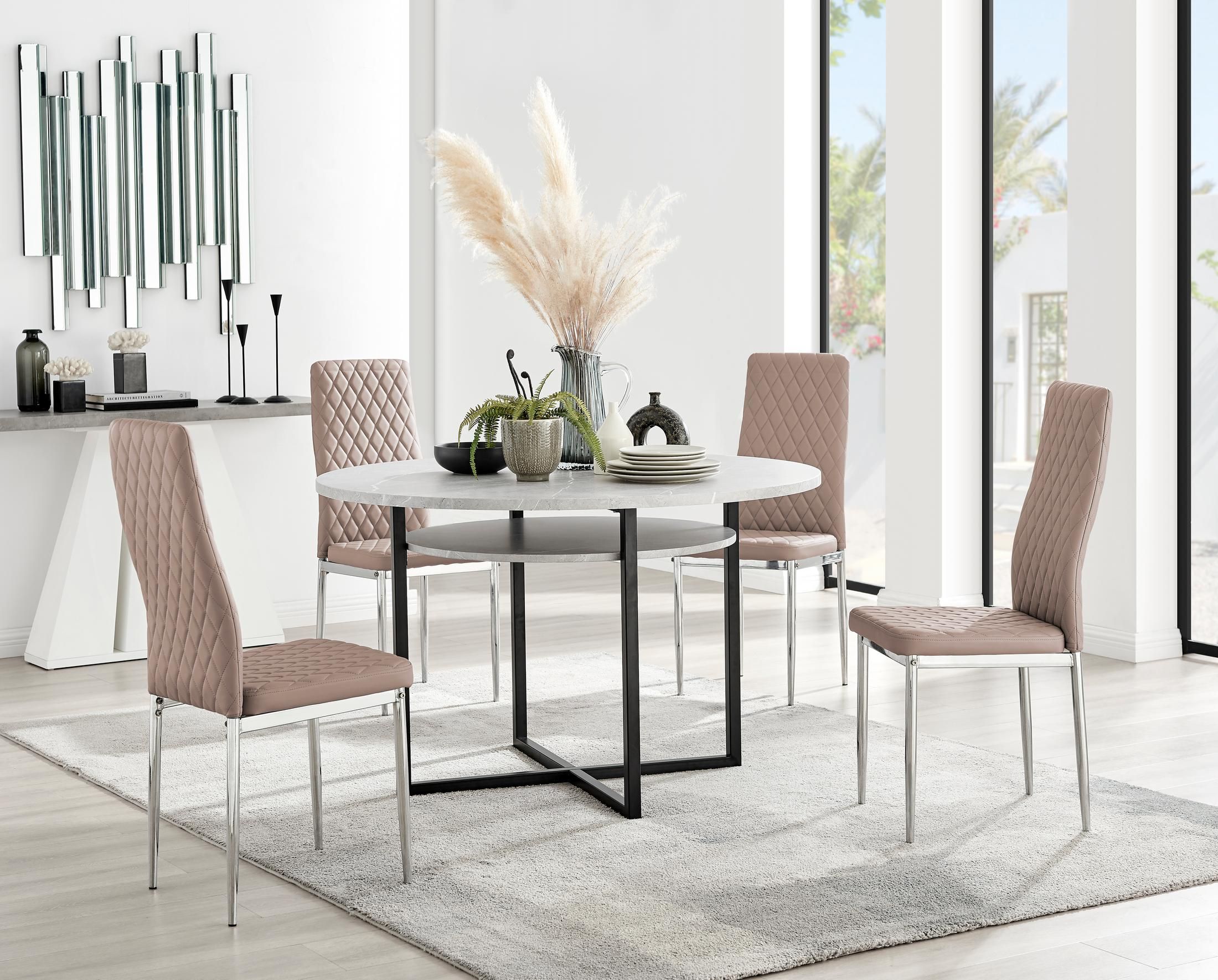 FurnitureboxUK Adley Grey Concrete Effect Round Dining Table & 4 Milan Chrome Leg Faux Leather Chairs in Beige