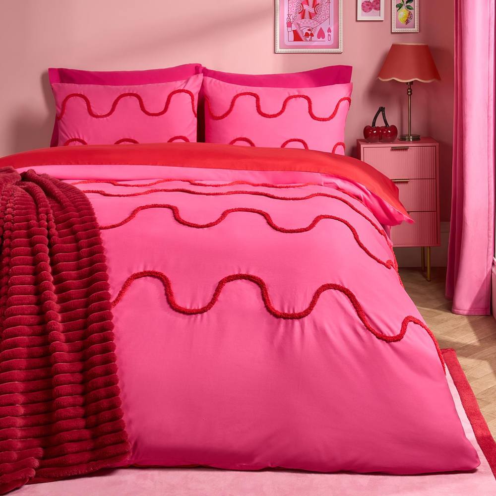 OHS Tufted Wave Bedding Set Modern Duvet Cover with Pillowcase in Bright Pink