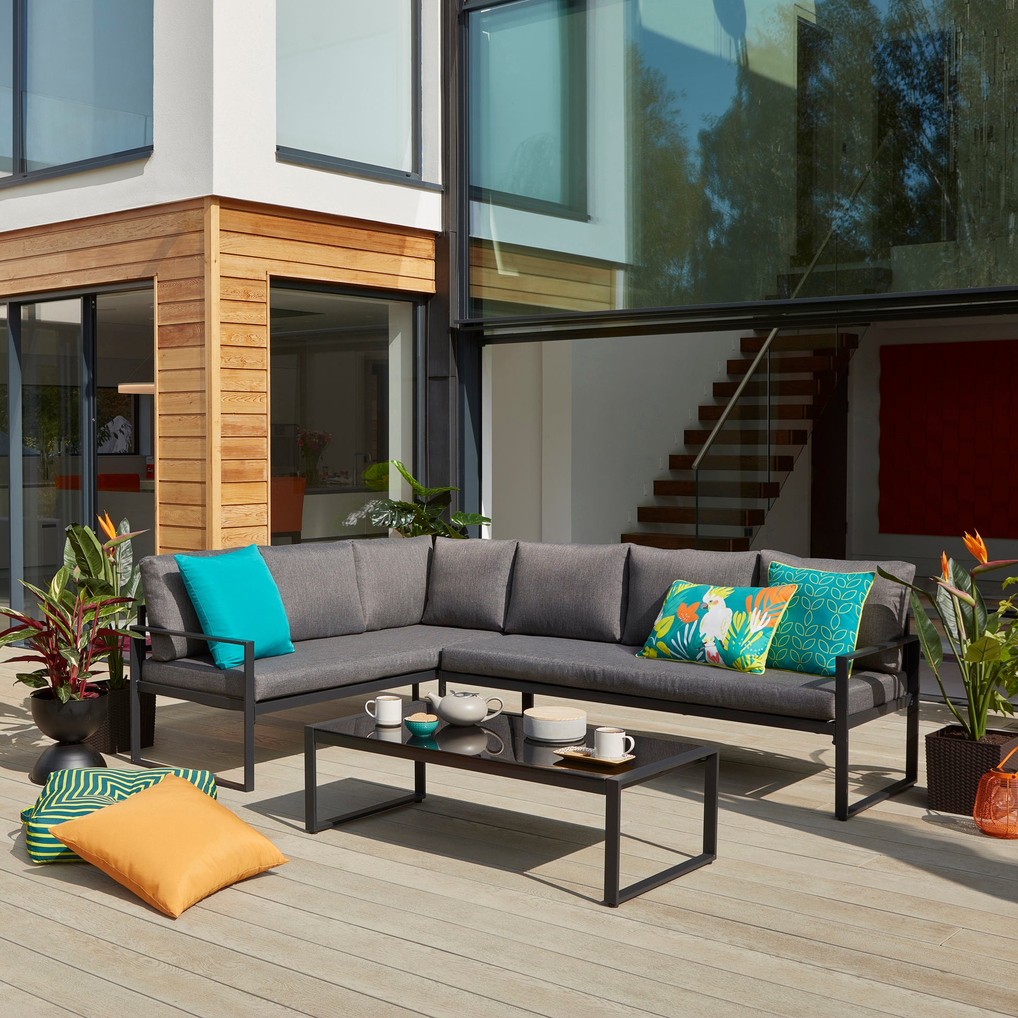Elements 5 Seater Black Corner Sofa Set Black