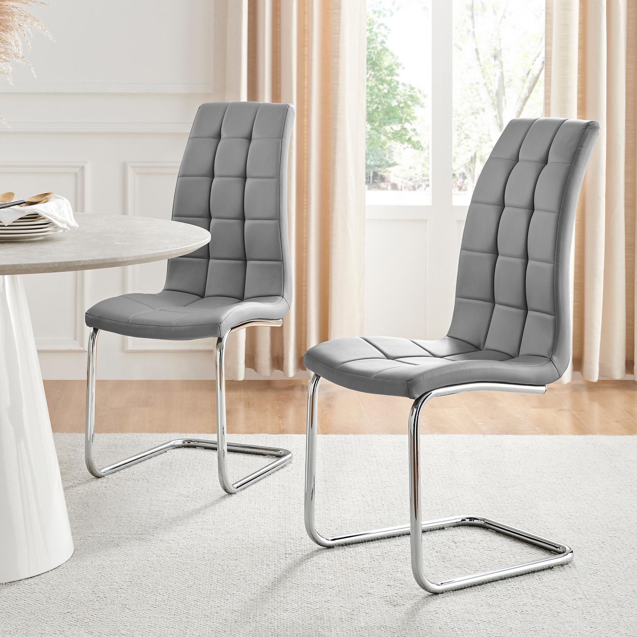 FurnitureboxUK Set of 2 Murano Deep Cushioned Soft Touch Faux Leather Dining Chairs With Silver Chrome Metal Legs in Grey