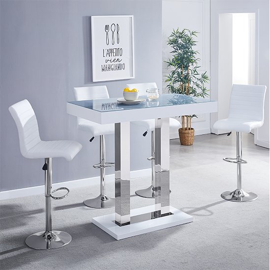 Caprice White Grey Glass Bar Table With 4 Ripple White Stool