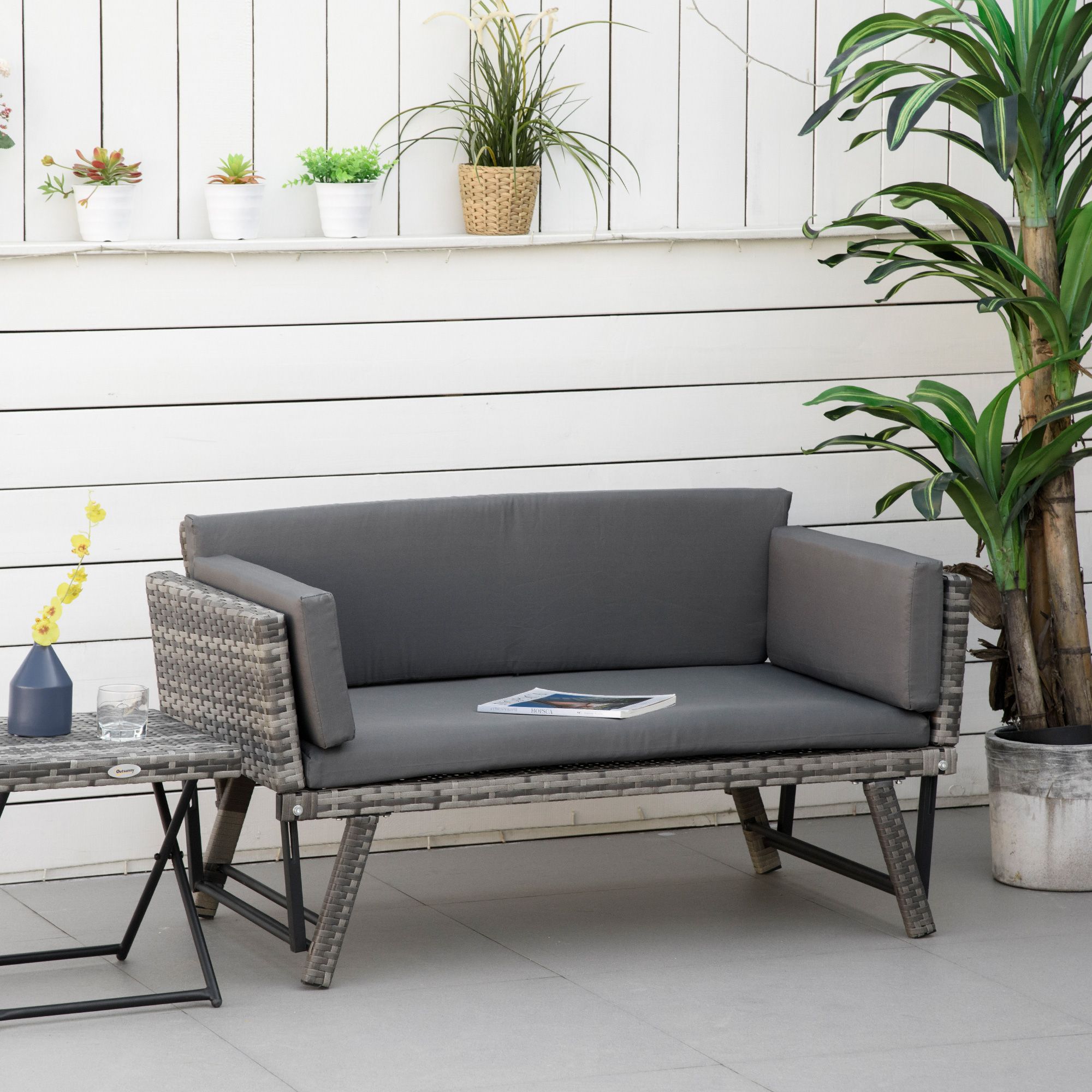 OUTSUNNY 2 in 1Rattan Folding Chaise Lounger w/ Cushion for Garden in Grey