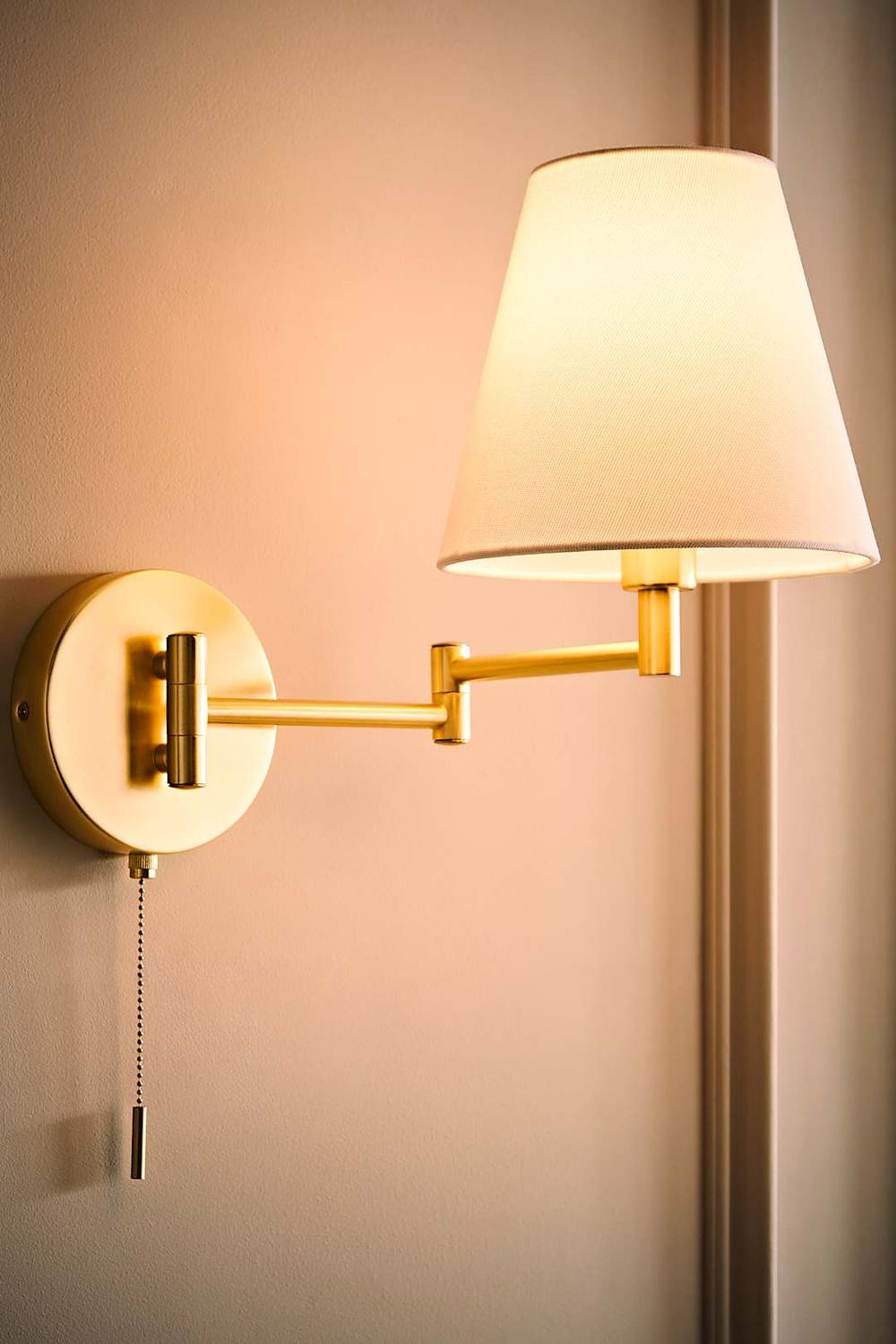 ValueLights Sonia Adjustable Swing Arm Wall Light with Taper Linen Shade & Bulb in Gold