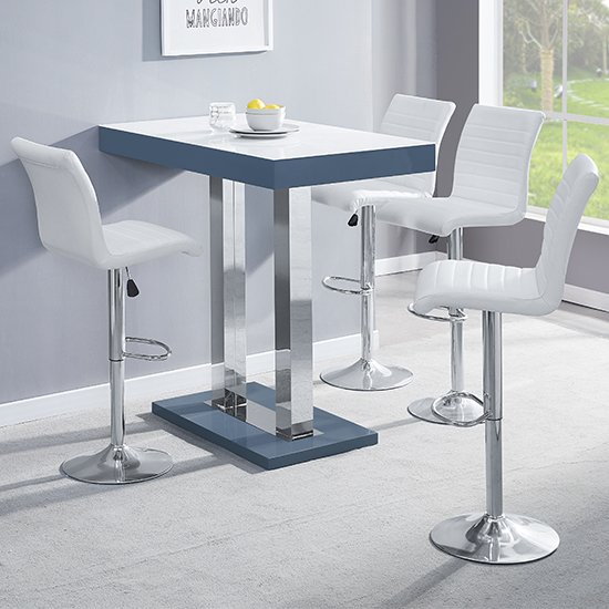 Caprice Grey White Gloss Bar Table With 4 Ripple White Stools