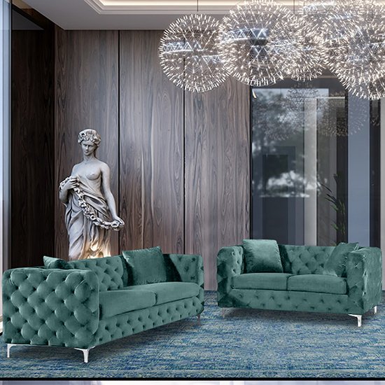 Mills Velour Fabric 2 Seater And 3 Seater Sofa In Seaspray