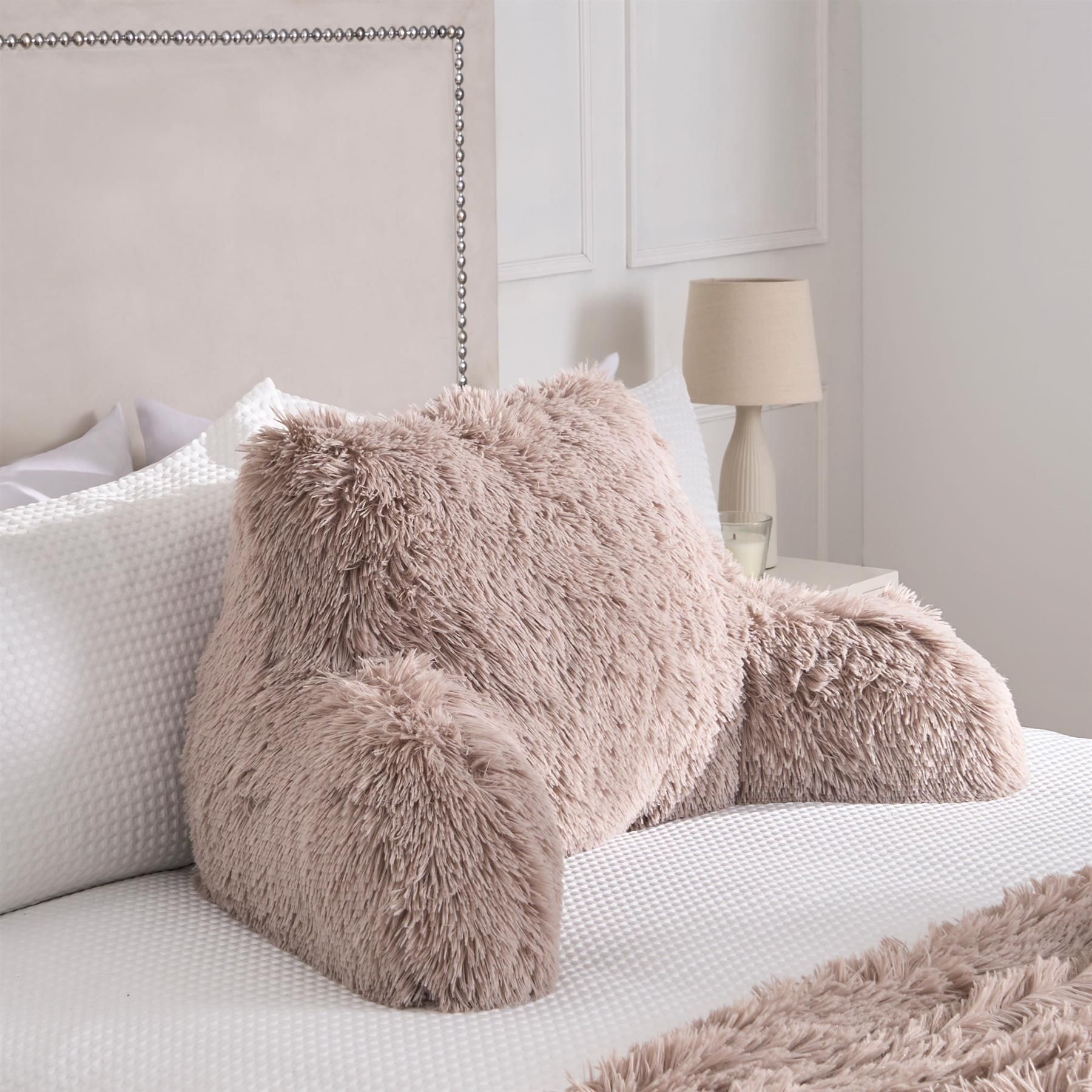 OHS Fluffy Fleece Reading Cushion Pillow with Arms Lumbar Chair Support in Natural