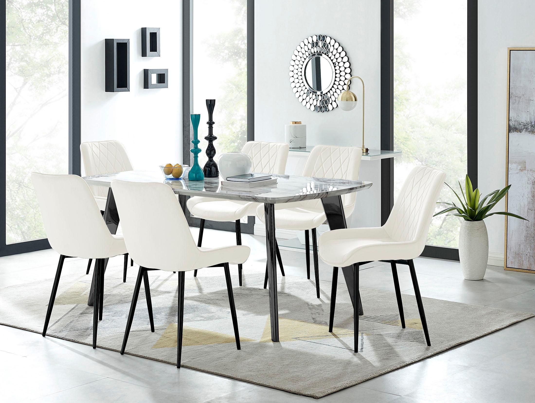 FurnitureboxUK Andria White Marble Effect & Black Leg 6 Seater Dining Table & 6 Pesaro Soft Velvet Chairs in Cream