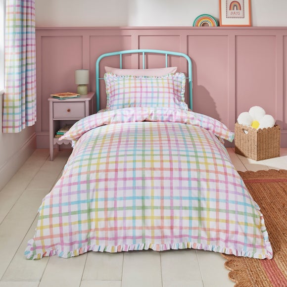 Rainbow Frilled Checked 100% Cotton Duvet Cover & Pillowcase Set