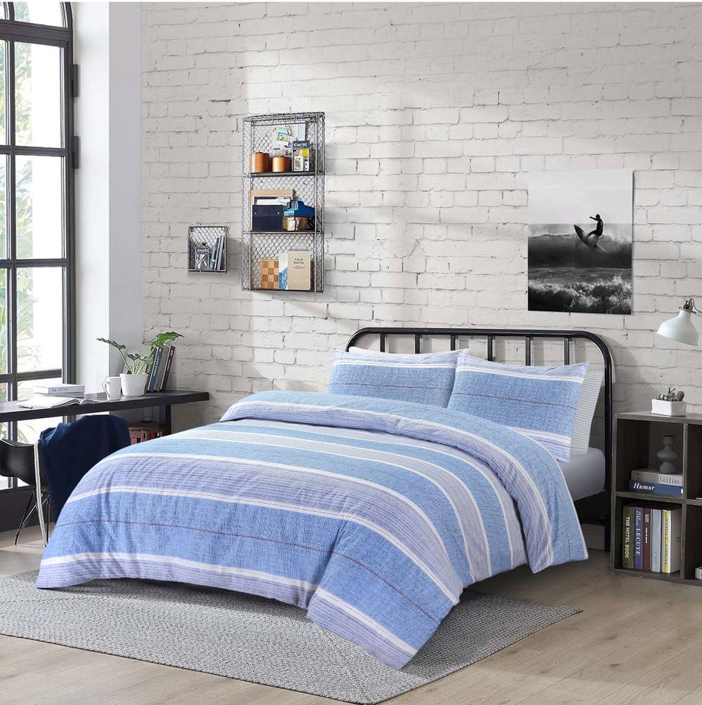 Homes-Linen Duvet Cover Set Stripes Reversible in Blue