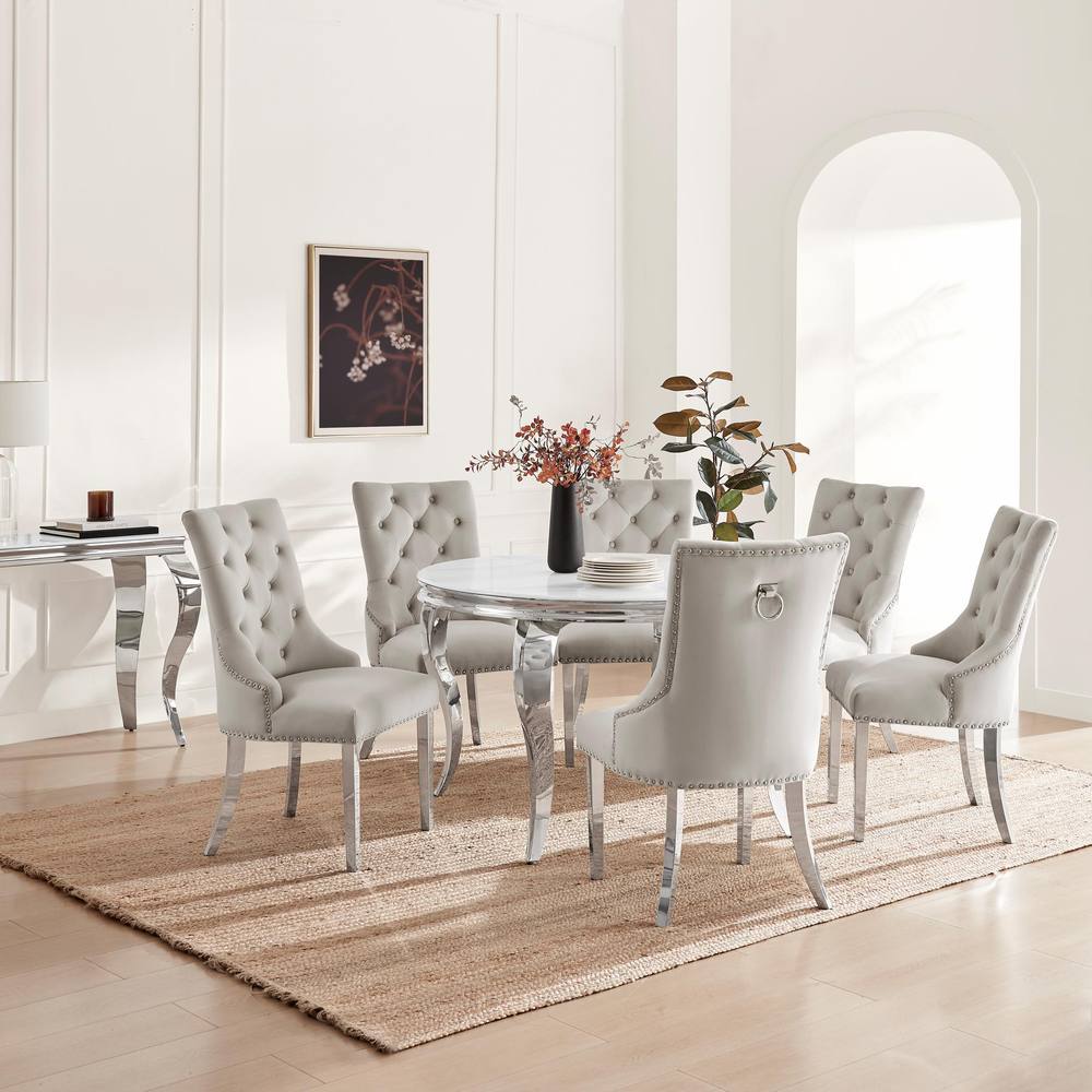 FurnitureboxUK Skye Round Marble Effect Dining Table & 6 Grey Belgravia Chairs
