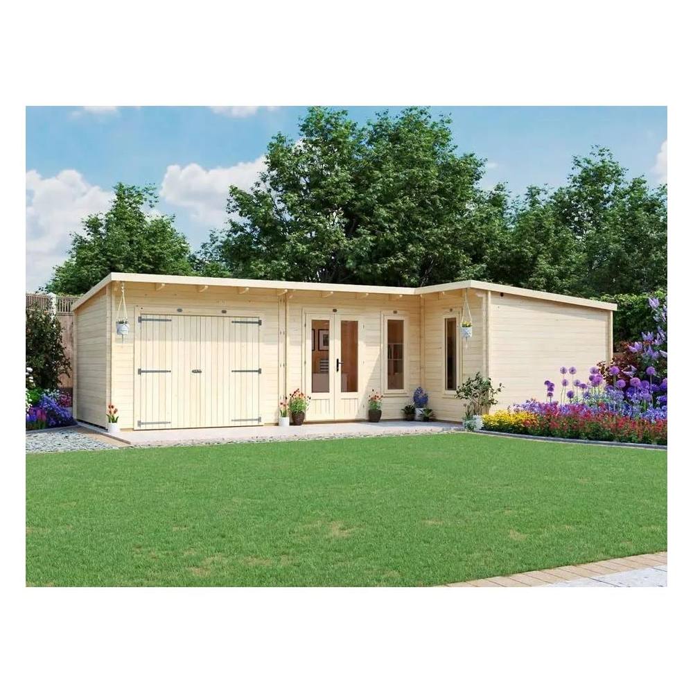 Dunster House L-Shaped Log Cabin W9m x D5m / 29' x 16'6" Pent, 24mm, DG - HellWolf in Brown 2