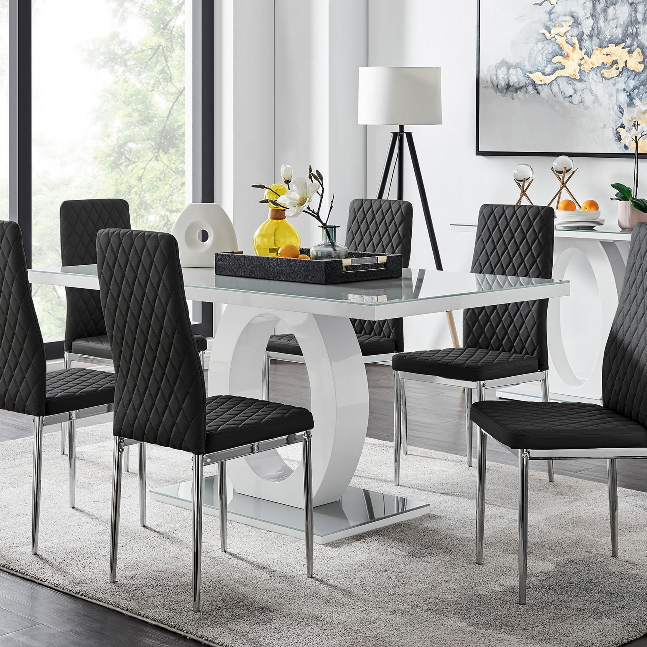 FurnitureboxUK Giovani 6-Seater Grey Glass Dining Table & 6 Milan Faux Leather Dining Chairs in Black