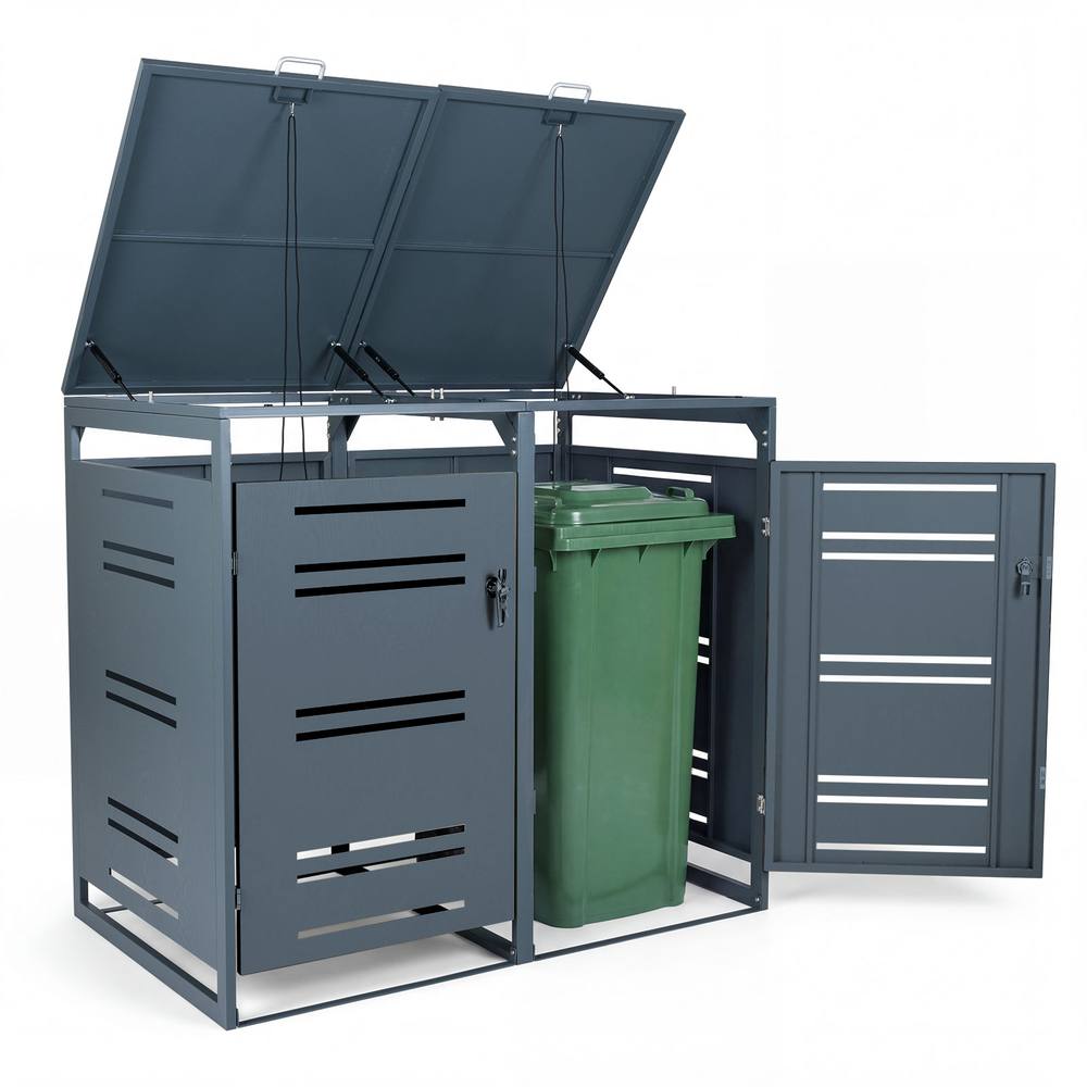 Costway Outdoor Garbage Bin Storage Shed Lockable Double Trash Can Enclosure in Grey