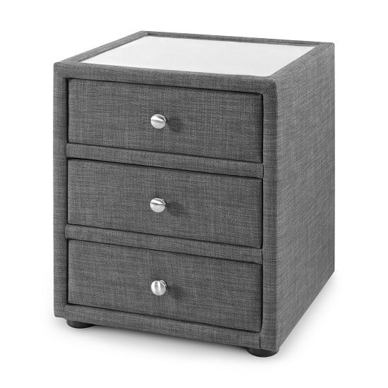 Baylin Glass Top Fabric Bedside Cabinet In Slate Grey Linen