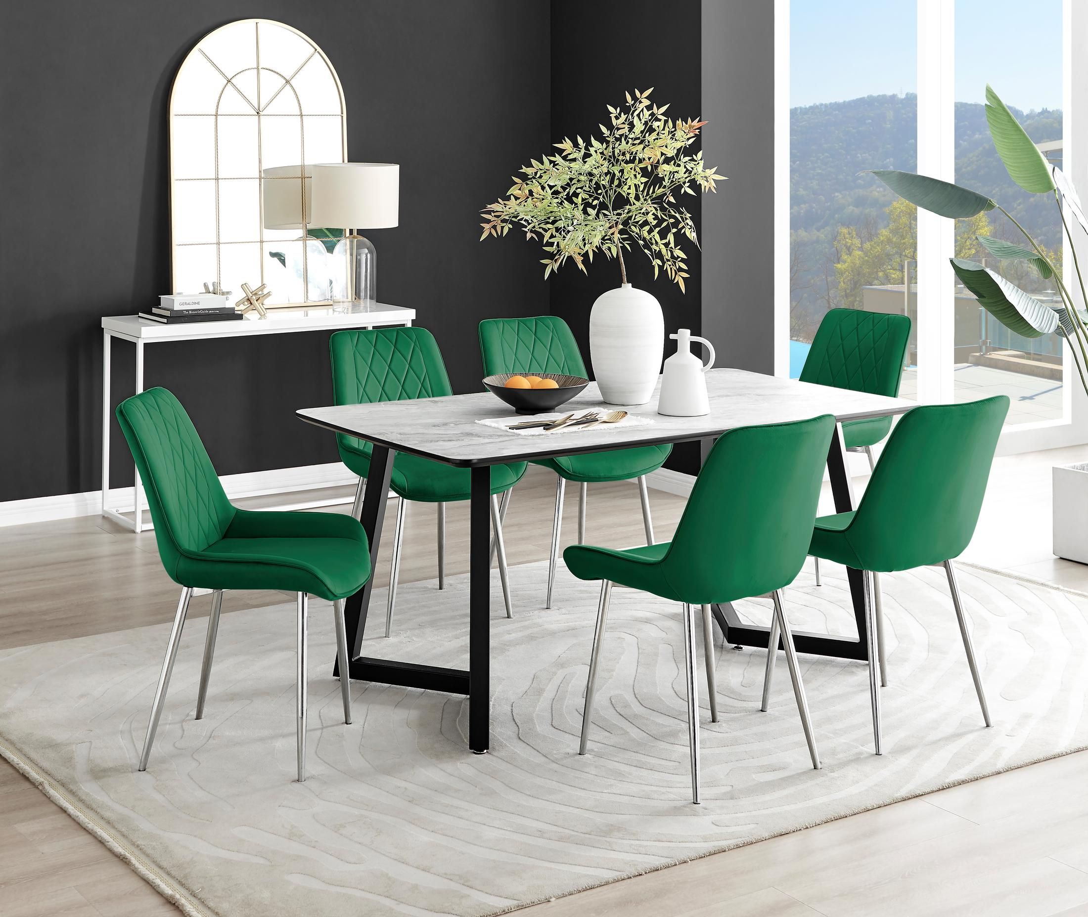 FurnitureboxUK Carson White Marble Effect Dining Table & 6 Pesaro Silver Chairs in Green
