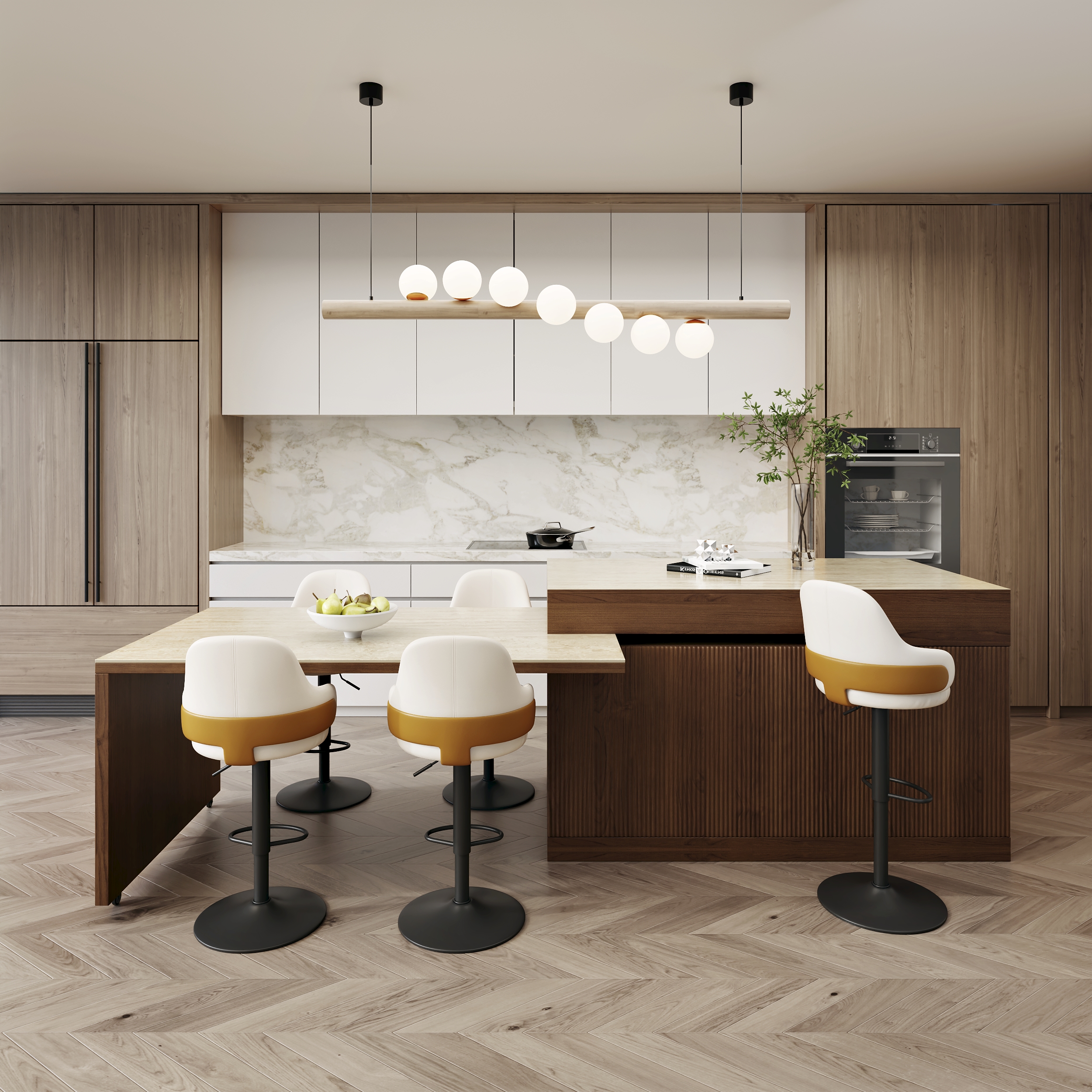 205 - 284 cm Modern Extendable Sintered Stone Kitchen Island Walnut with Doors and Drawers