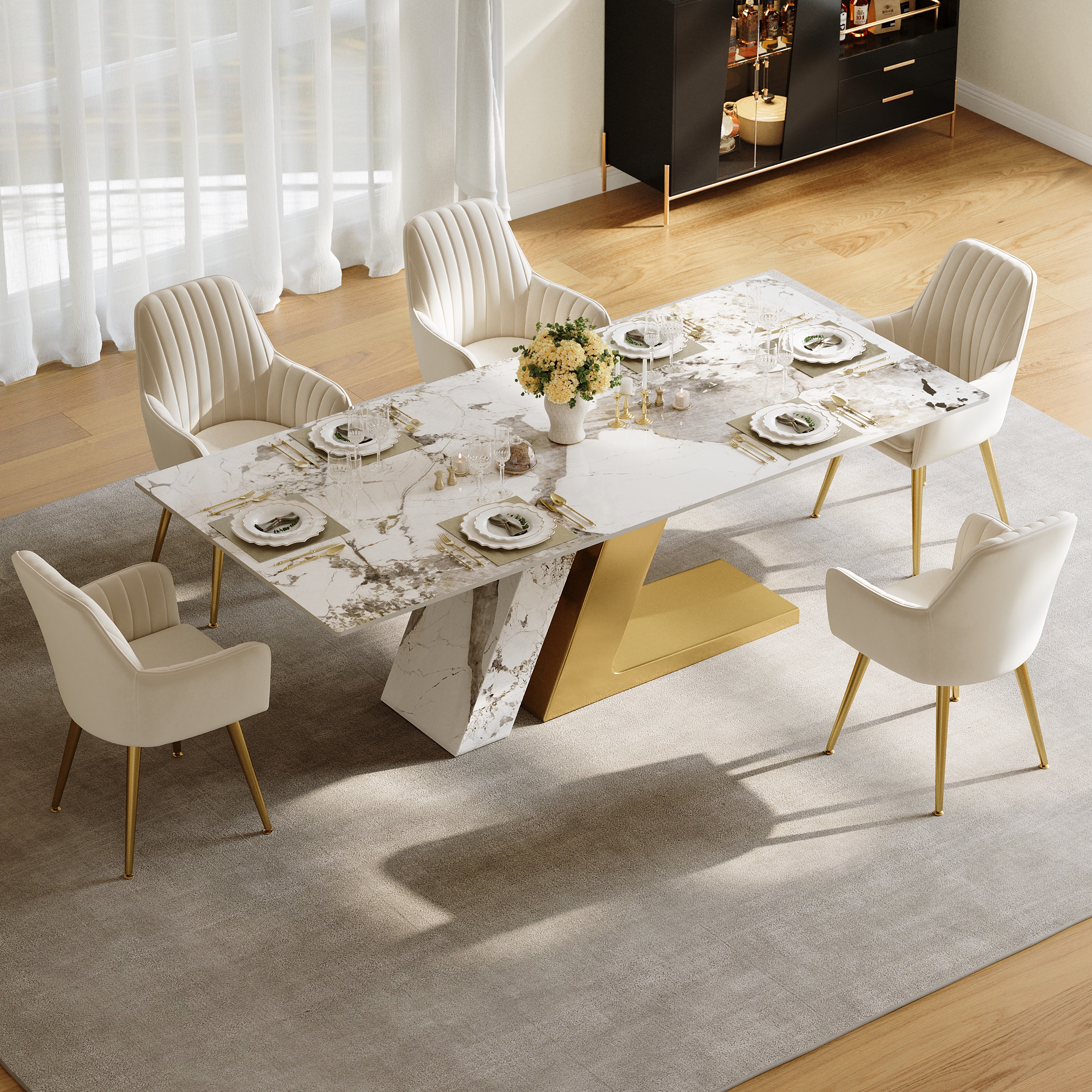 Rectangle Dining Table Faux Marble Top Stainless Steel for 8 Luxotic Modern 200 cm