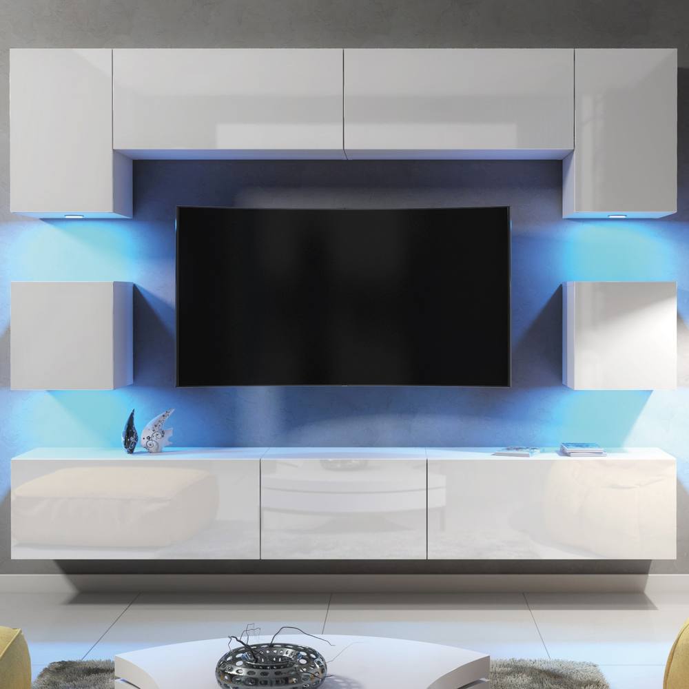 Creative Furniture Panorama Wall TV Unit - White with Gloss Doors + LED Lights