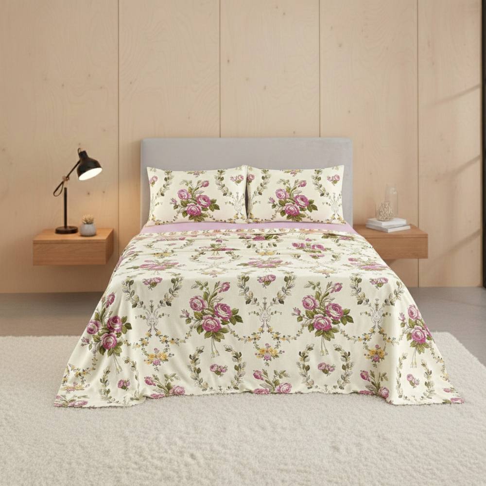 Snug City Soft Floral Brushed Cotton Fitted Flat Sheet & Matching Pillowcases in Pink