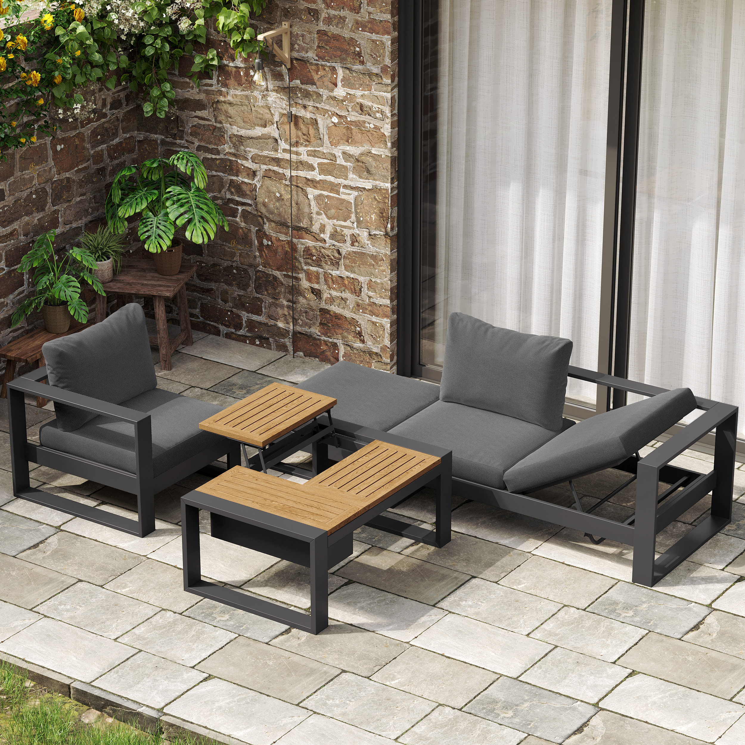 Slatera 4-Piece Modular Outdoor Sofa Set Aluminium & Acacia for 4 Person in Light Grey