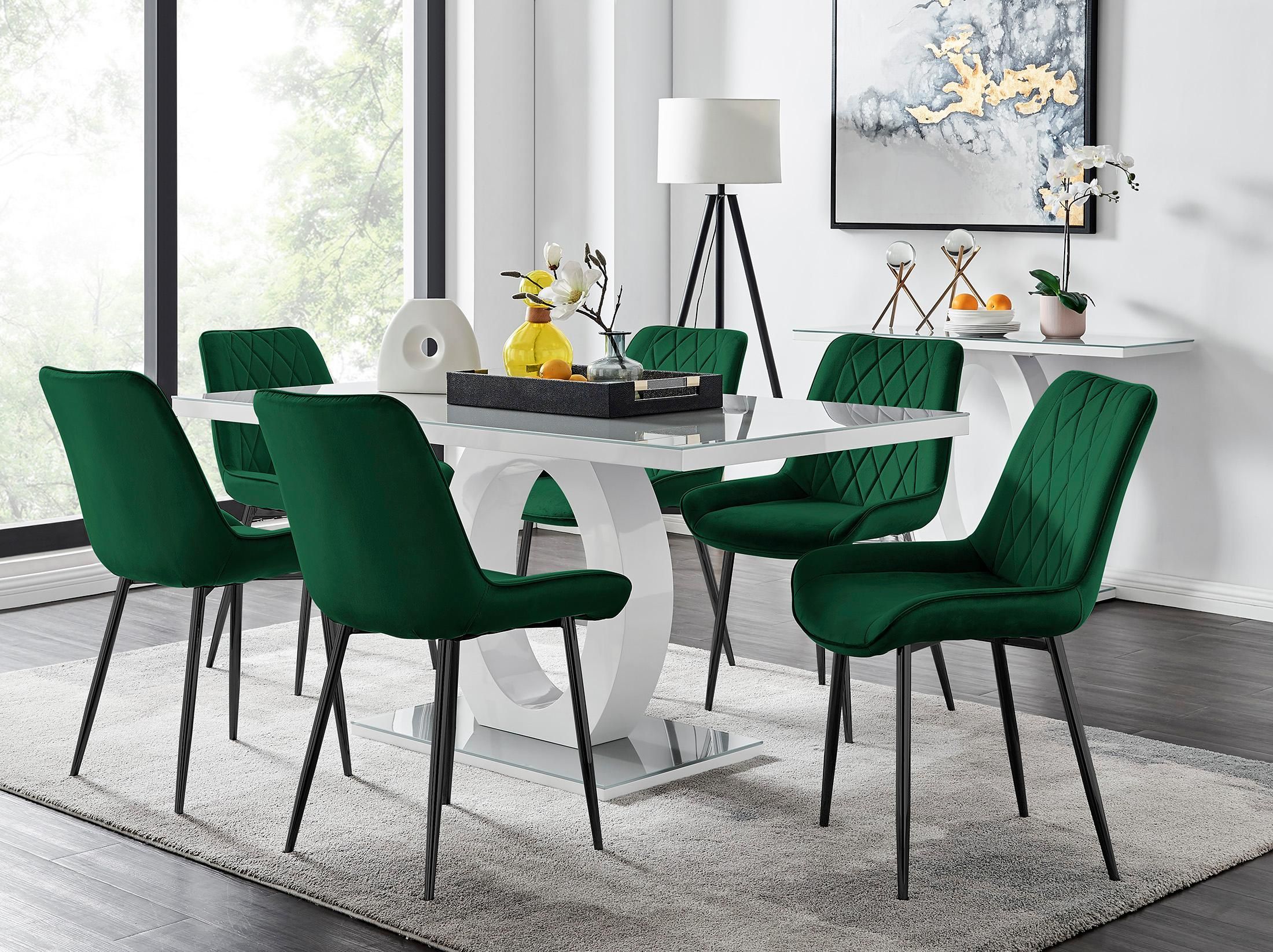 FurnitureboxUK Giovani 6-Seater Grey Glass Dining Table & 6 Pesaro Soft Velvet Dining Chairs in Green