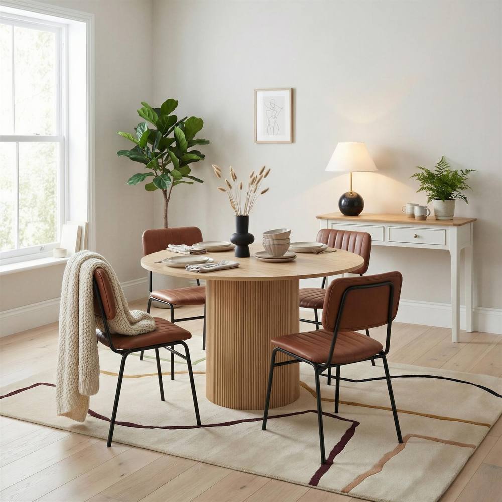 FurnitureboxUK Penrose Oak Effect Round Dining Table & 4 Tan Delta Chairs