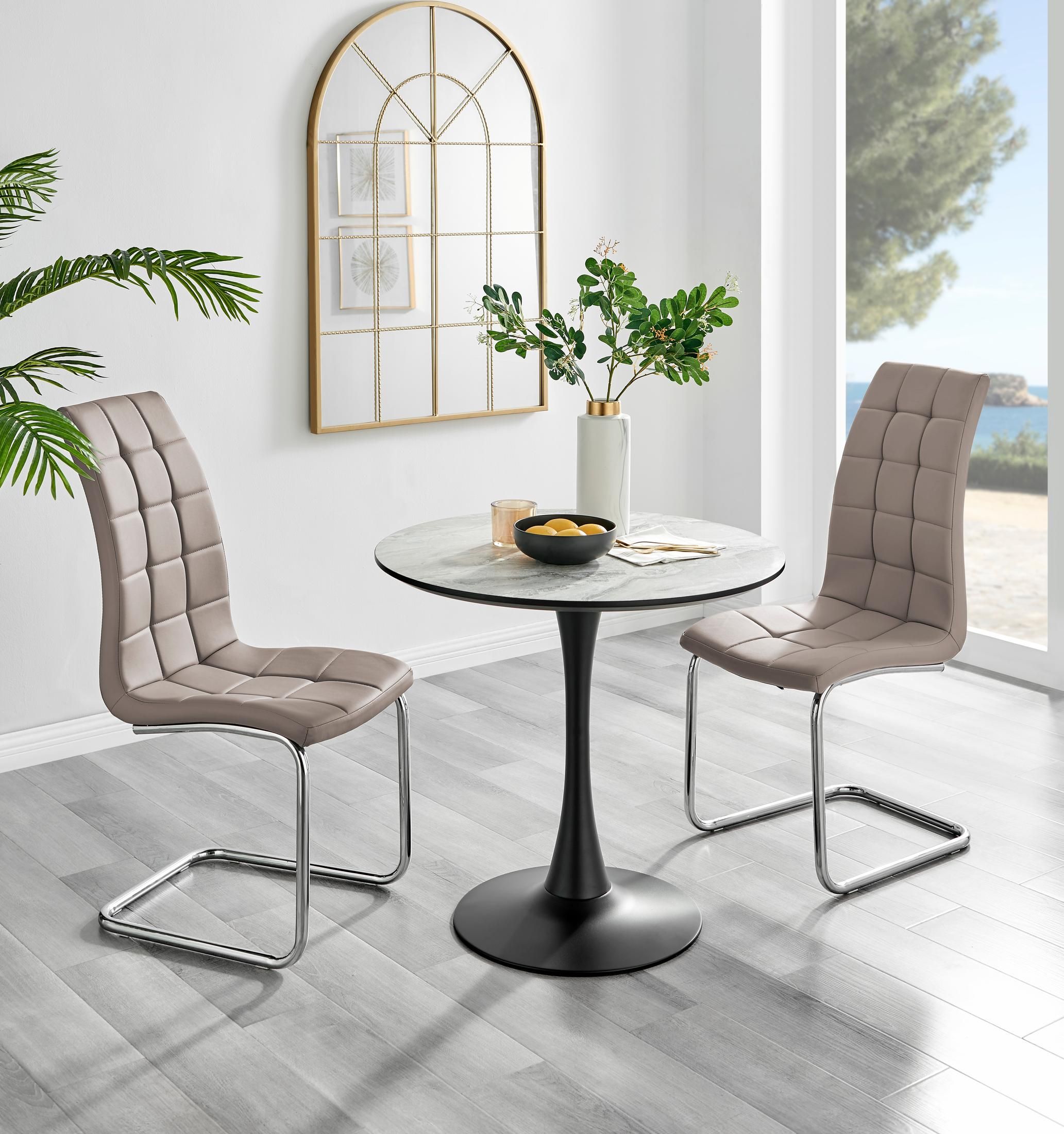 FurnitureboxUK Elina White Marble Effect Scratch Resistant Dining Table & 2 Murano Faux Leather Chairs in Beige