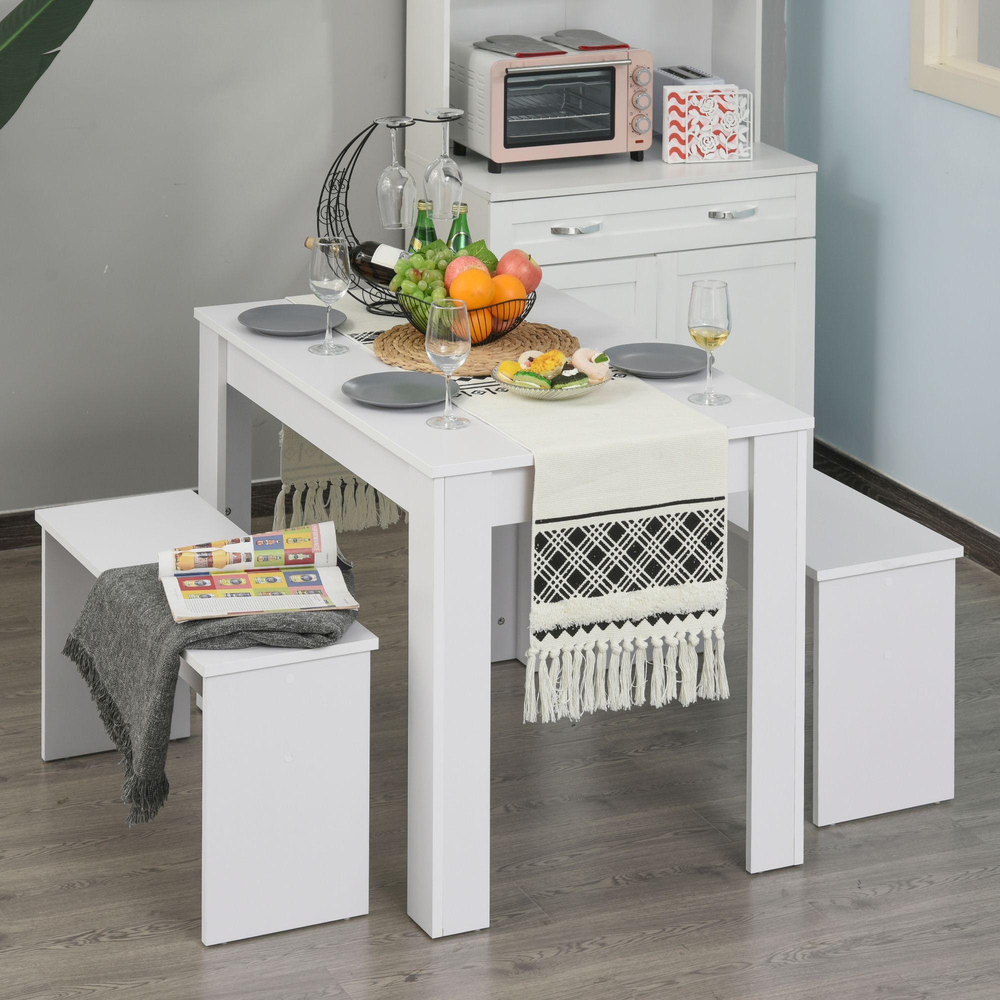 HOMCOM 3 Pcs Modern Dining Table Set Table 2 Bench Seats Compact in White