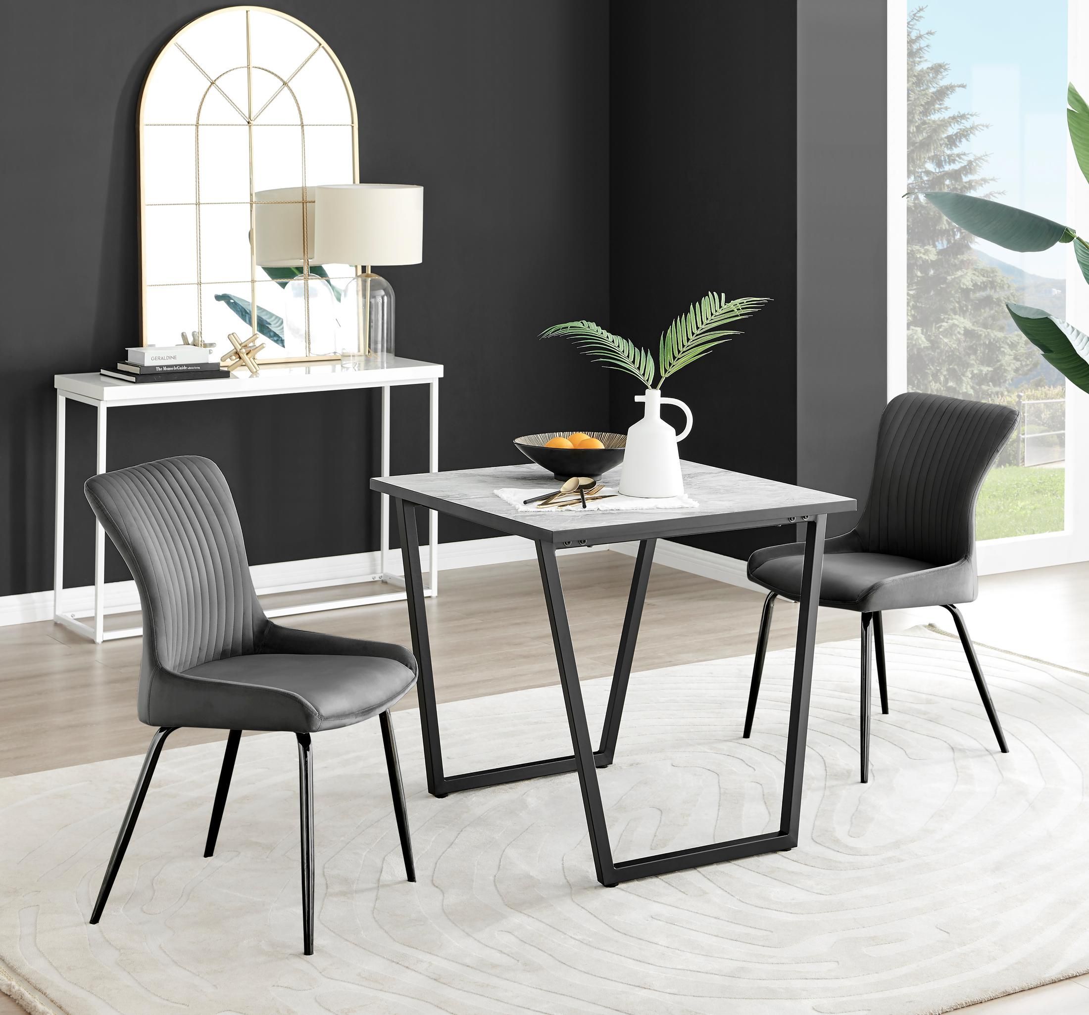 FurnitureboxUK Carson White Marble Effect Square Dining Table & 2 Velvet Nora Black Leg Chairs in Dark Grey