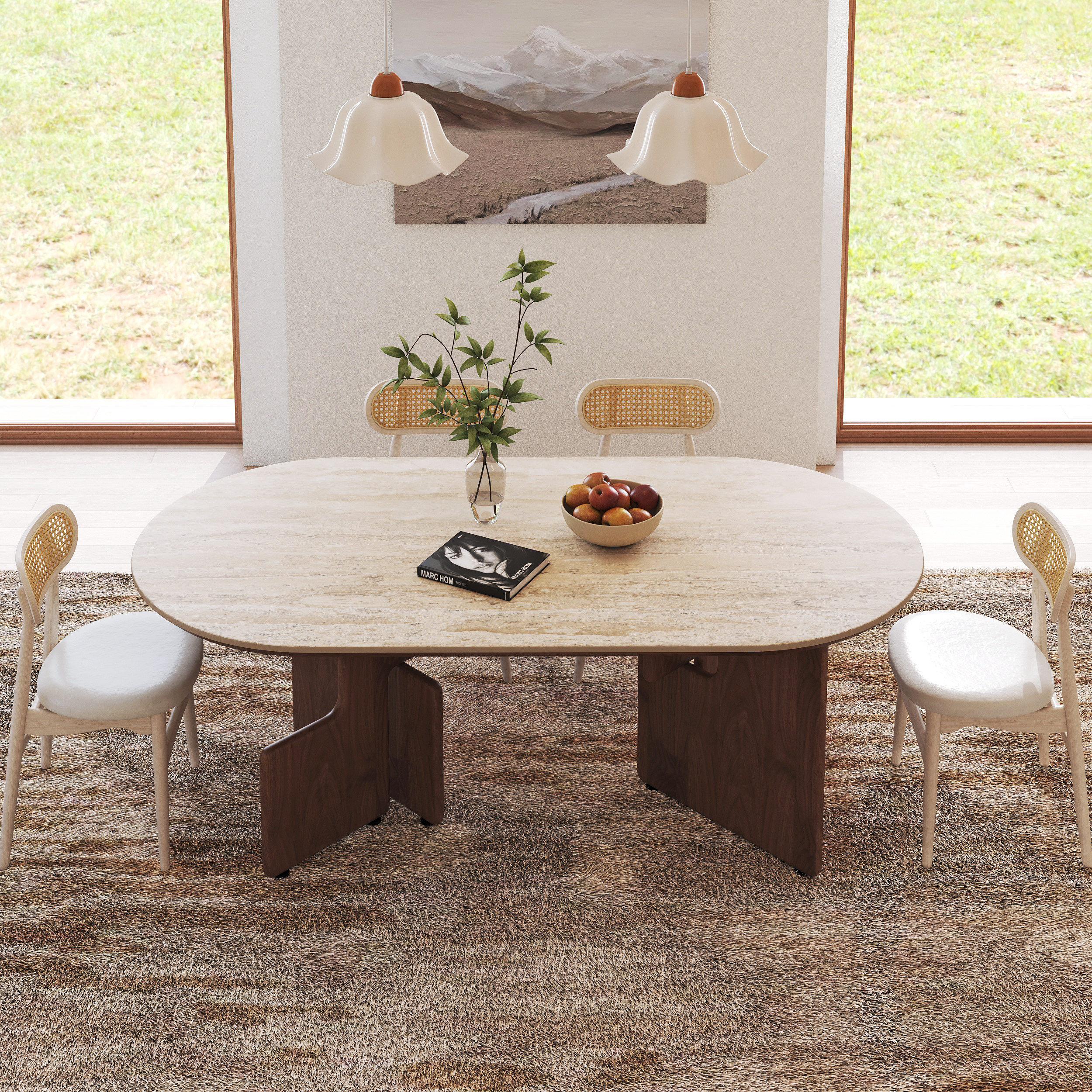 2000mm Oval Dining Table with Faux Travertine Top & Walnut Double Pedestal
