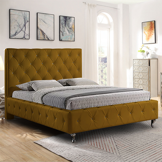 Barberton Plush Velvet Small Double Bed In Mustard