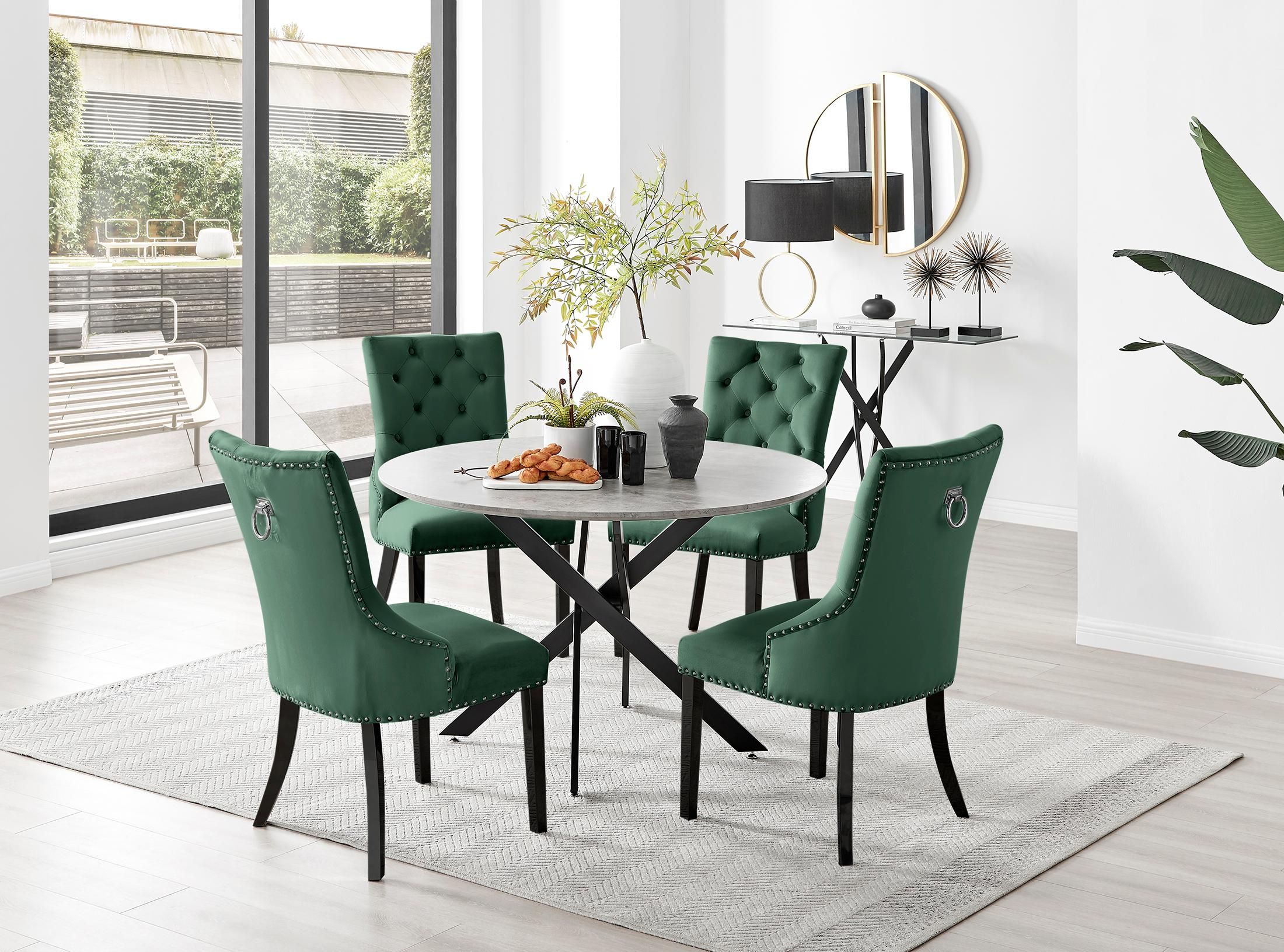 FurnitureboxUK Novara Grey Concrete Effect Black Leg 120cm Round Dining Table & 6 Belgravia Black Leg Chairs in Green