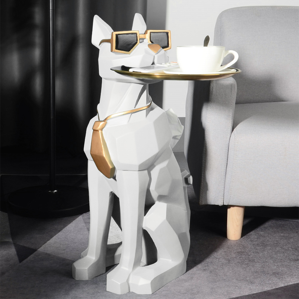 Modern White Resin Dog Sculpture Decorative Cocktail Table Cute End Side Table with Metal Storage Tray Tissue Box