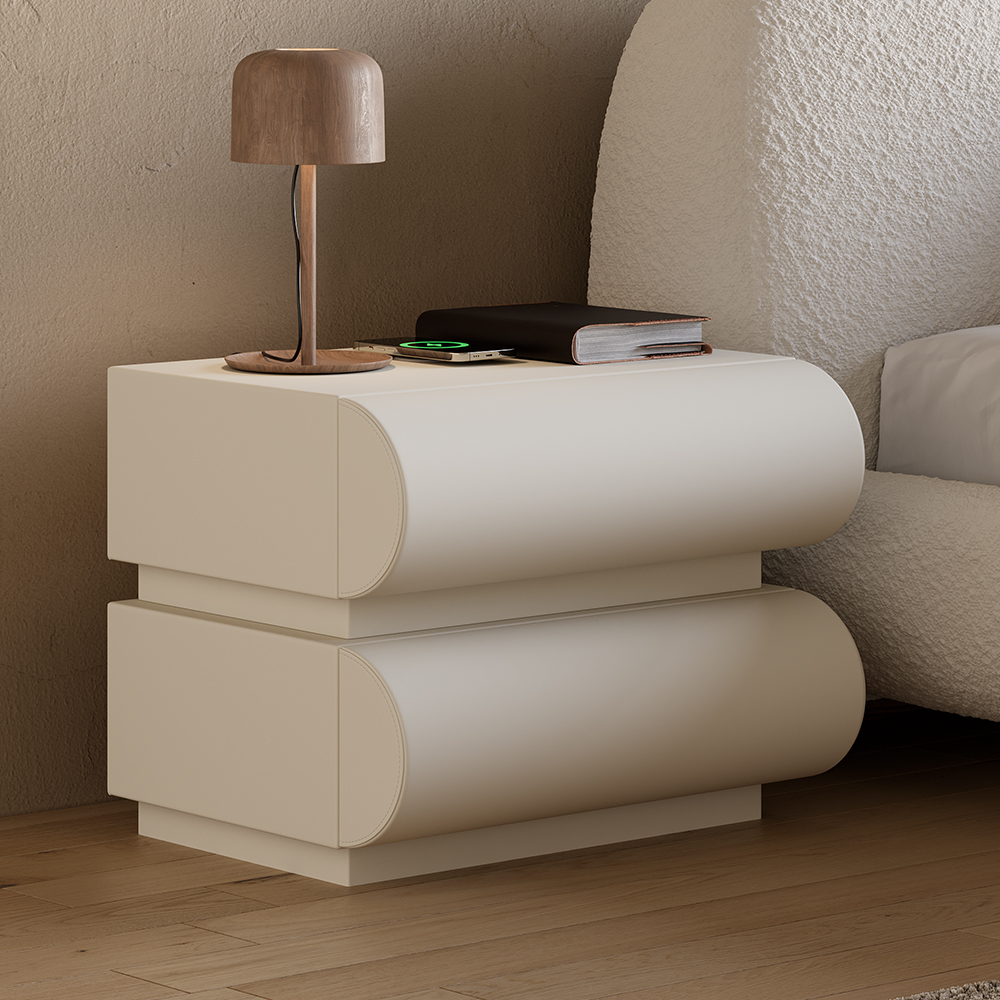 Modern White Leather Smart Bedside Table with Wireless Charger 2 Drawers Bedside Table with USB & Type-C Ports