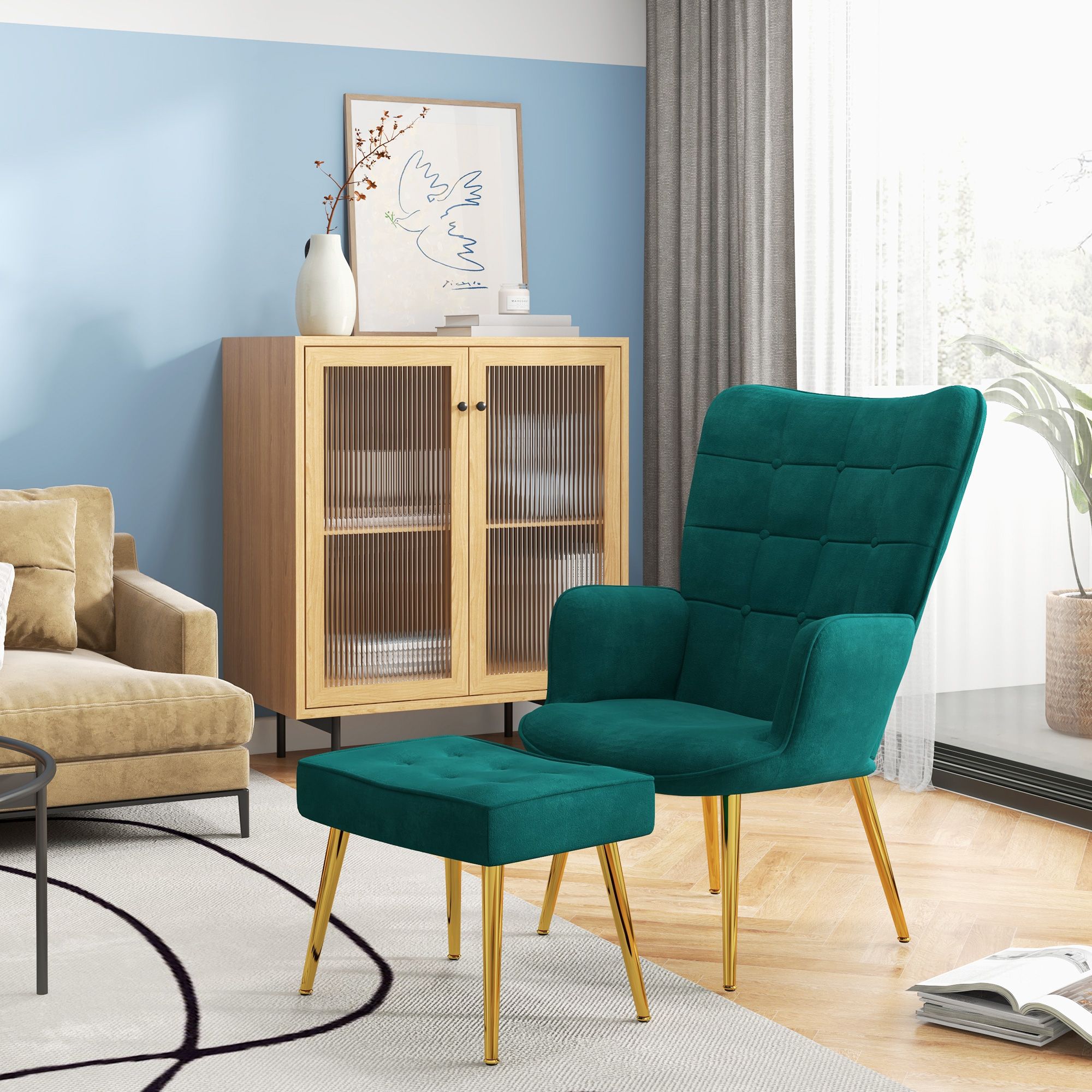 HOMCOM Armchair with Footstool Button Tufted Accent Chair w/ Steel Legs in Green