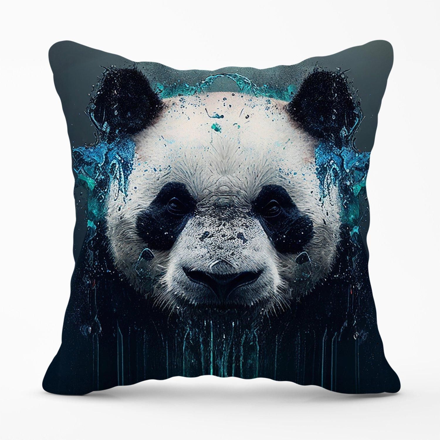 Warren Reed - Designer Panda Face Splashart Dark Background Outdoor Cushion in Blue