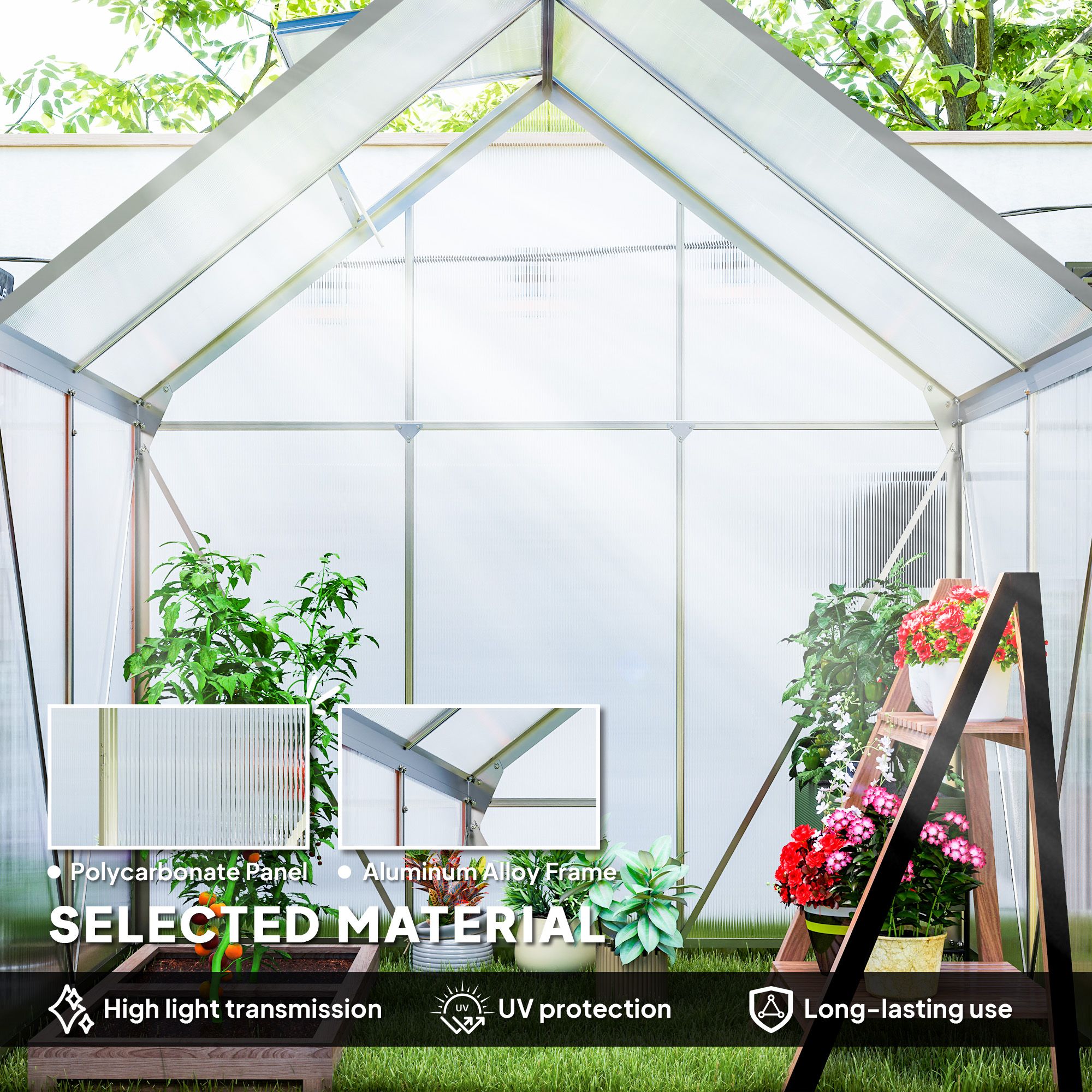 OUTSUNNY Polycarbonate Walk-in Garden Greenhouse w/ Sliding Door Silver Tone 4