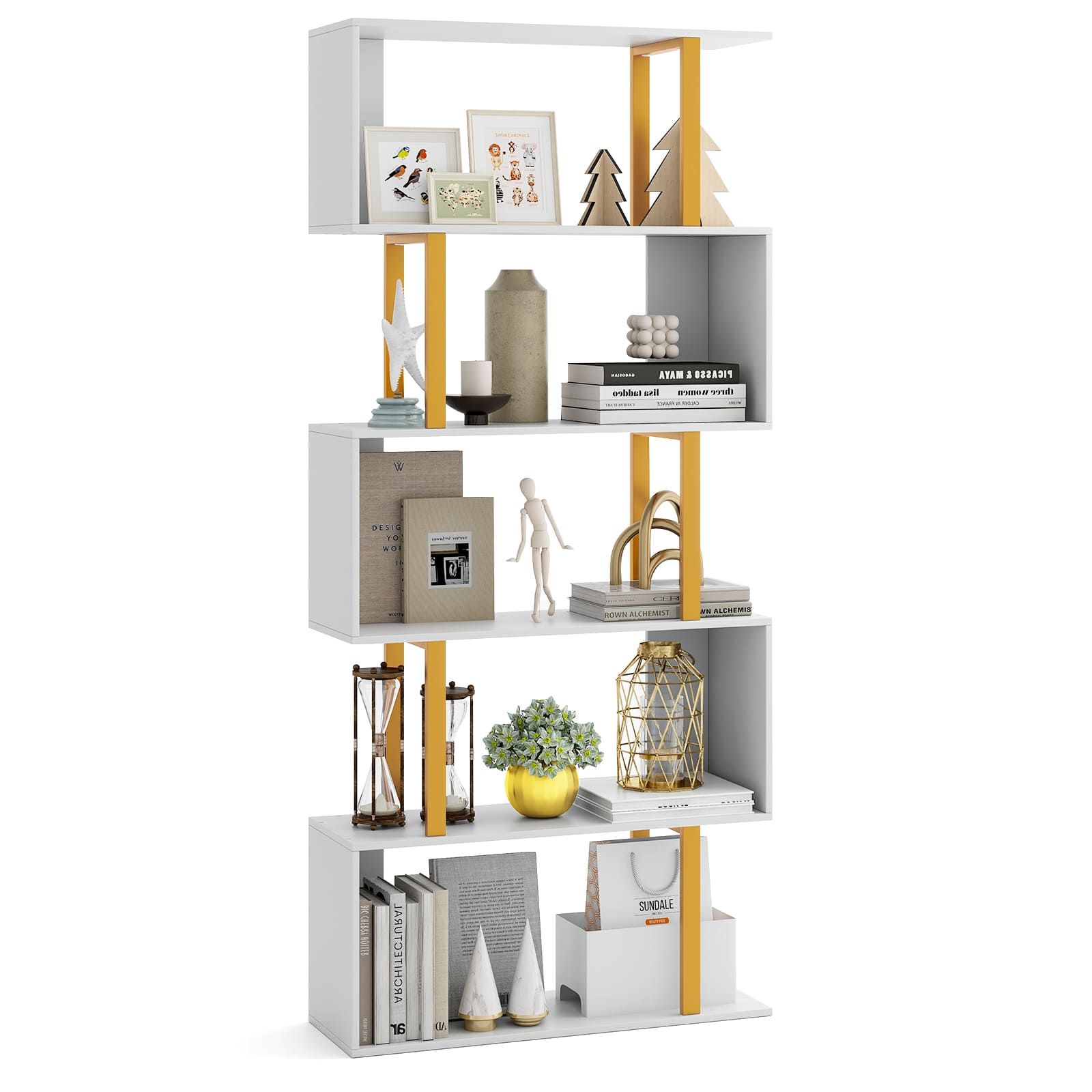 Costway 5-Tier Geometric Bookcase 157CM S-Shaped Bookshelf in White