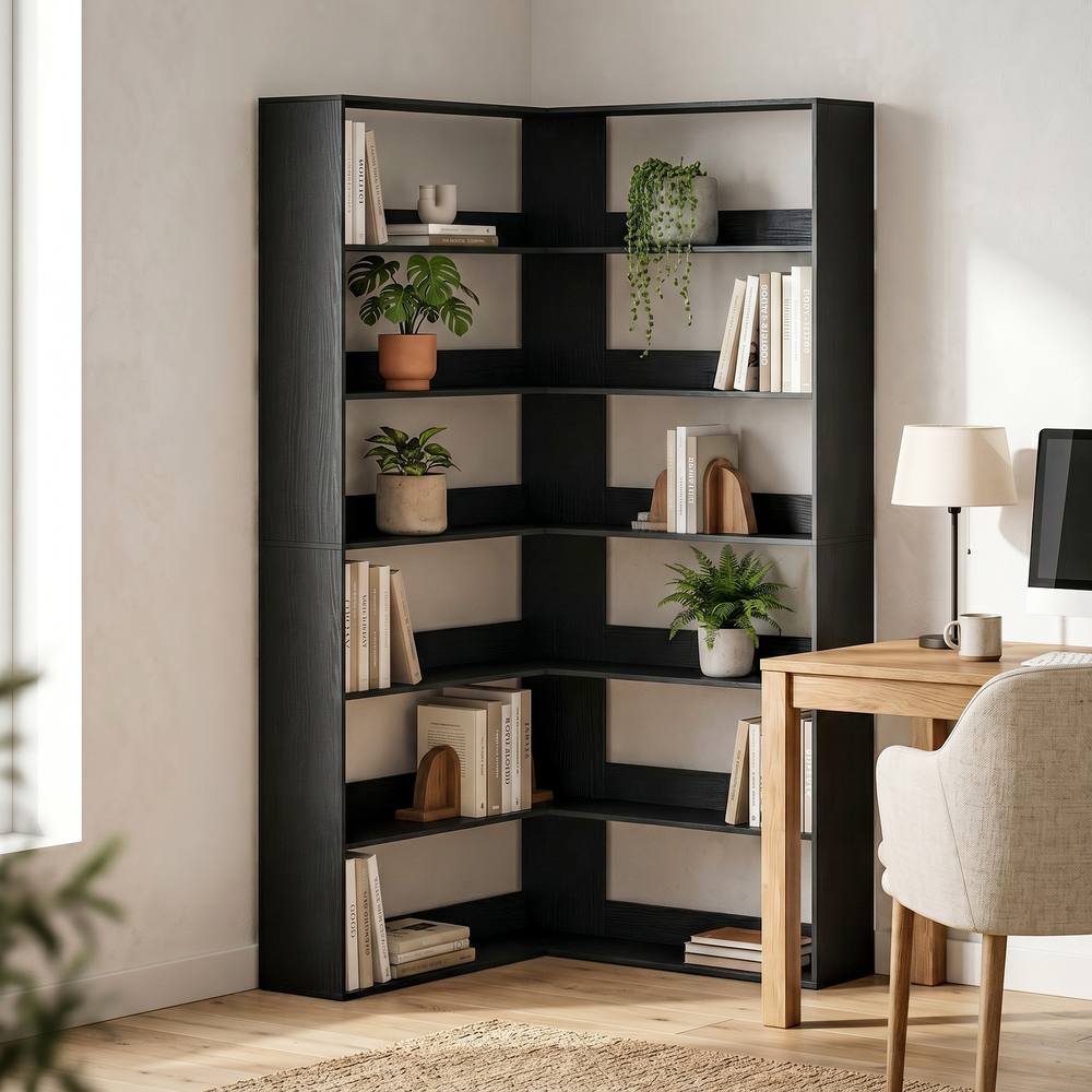 HOMCOM 7 Tiers Corner Bookshelf, L-Shaped, Black Wood Effect