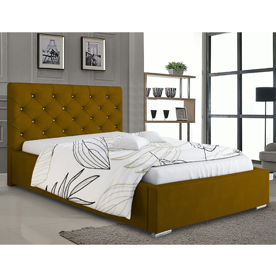 Hyannis Plush Velvet Small Double Bed In Mustard