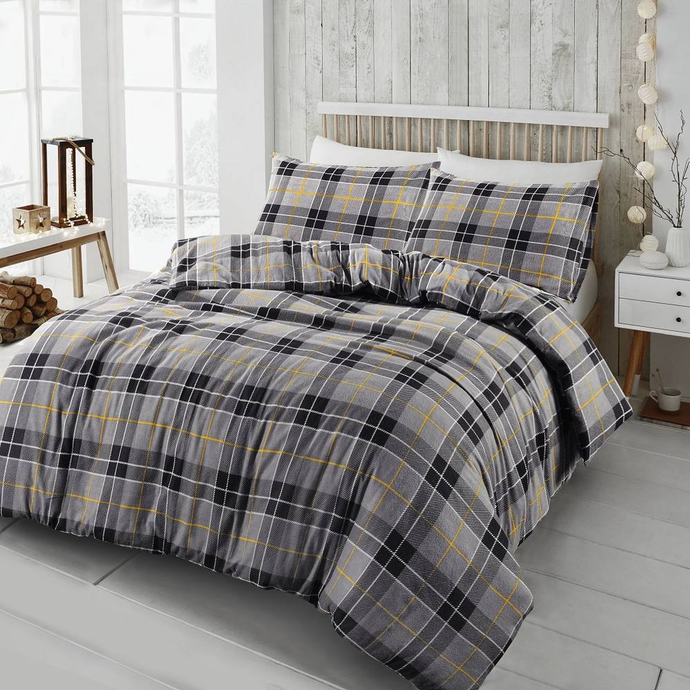 Homes-Linen 100% Brushed Cotton Tartan Flannelette Duvet Cover Set in Grey